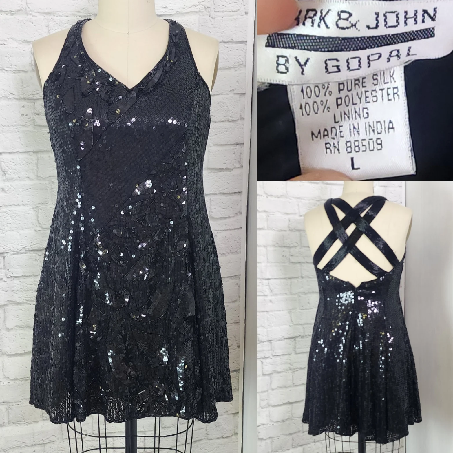 90s/00s Silk Sequin Princess Cut Mini X Back Dress - Image 5