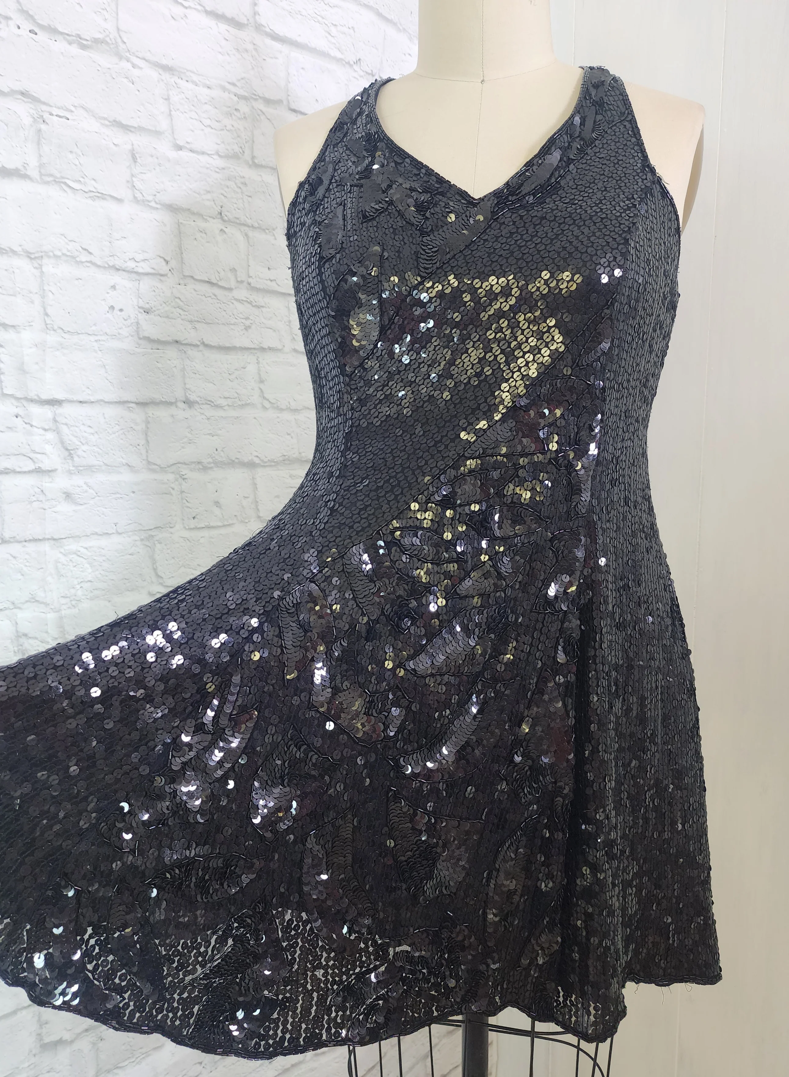 90s/00s Silk Sequin Princess Cut Mini X Back Dress - Image 7