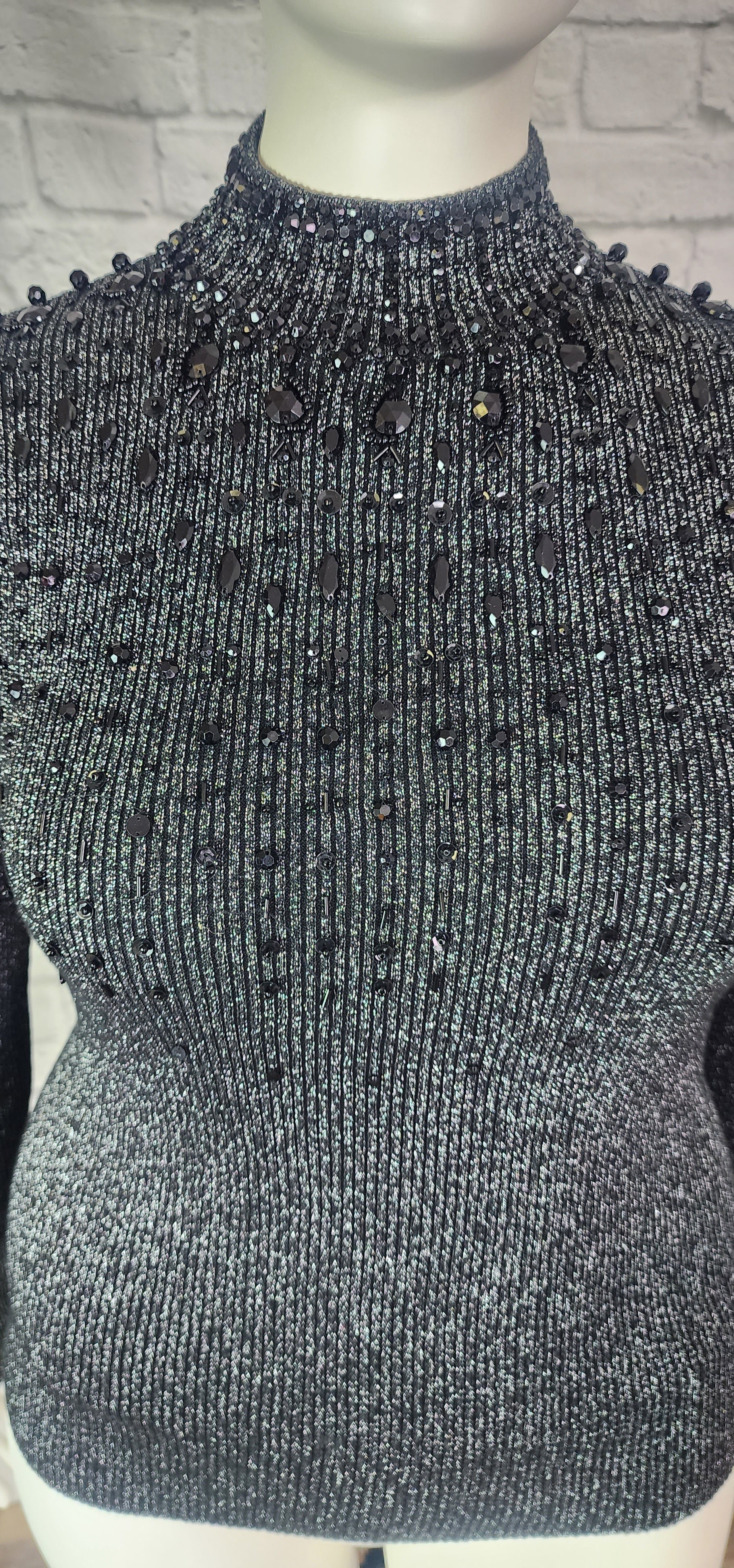 90s/00s Silver Black Beaded Mockneck Turtleneck Sweater - Image 5