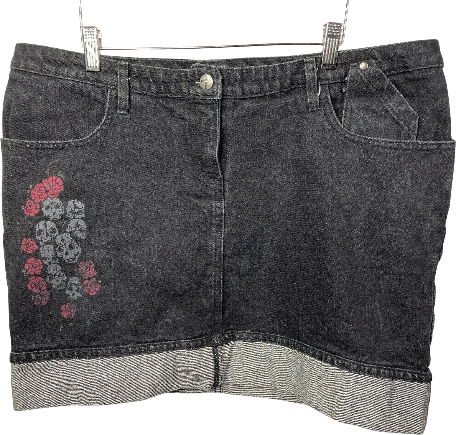 90s/00s Skulls Roses Cuffed Black Denim Mini Skirt Size 16 By Lip Service