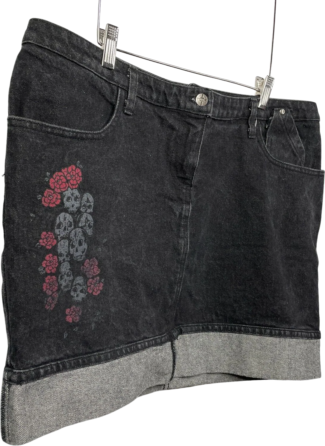 90s/00s Skulls Roses Cuffed Black Denim Mini Skirt Size 16 By Lip Service - Image 2
