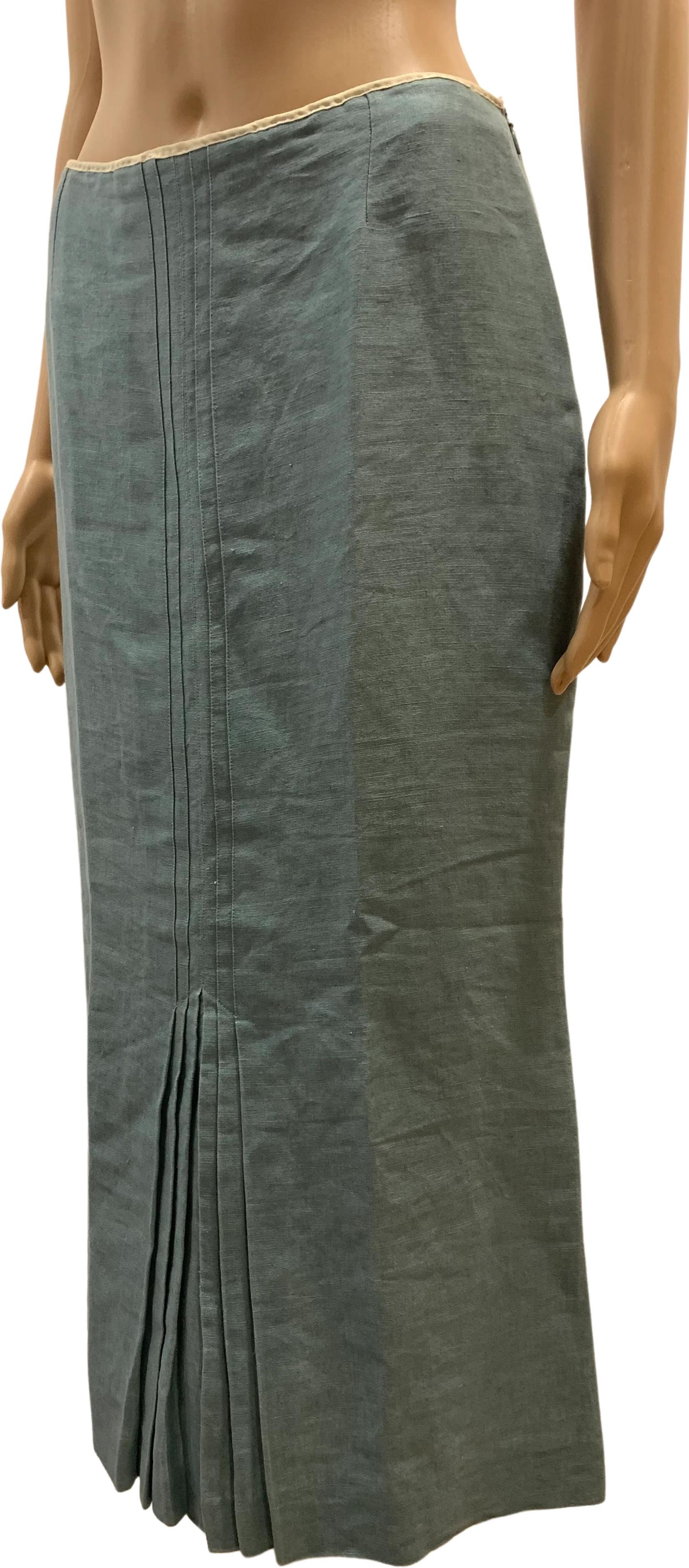 90s/00s Smoky Blue Linen Midi Skirt W Pleat Detail By John Galliano