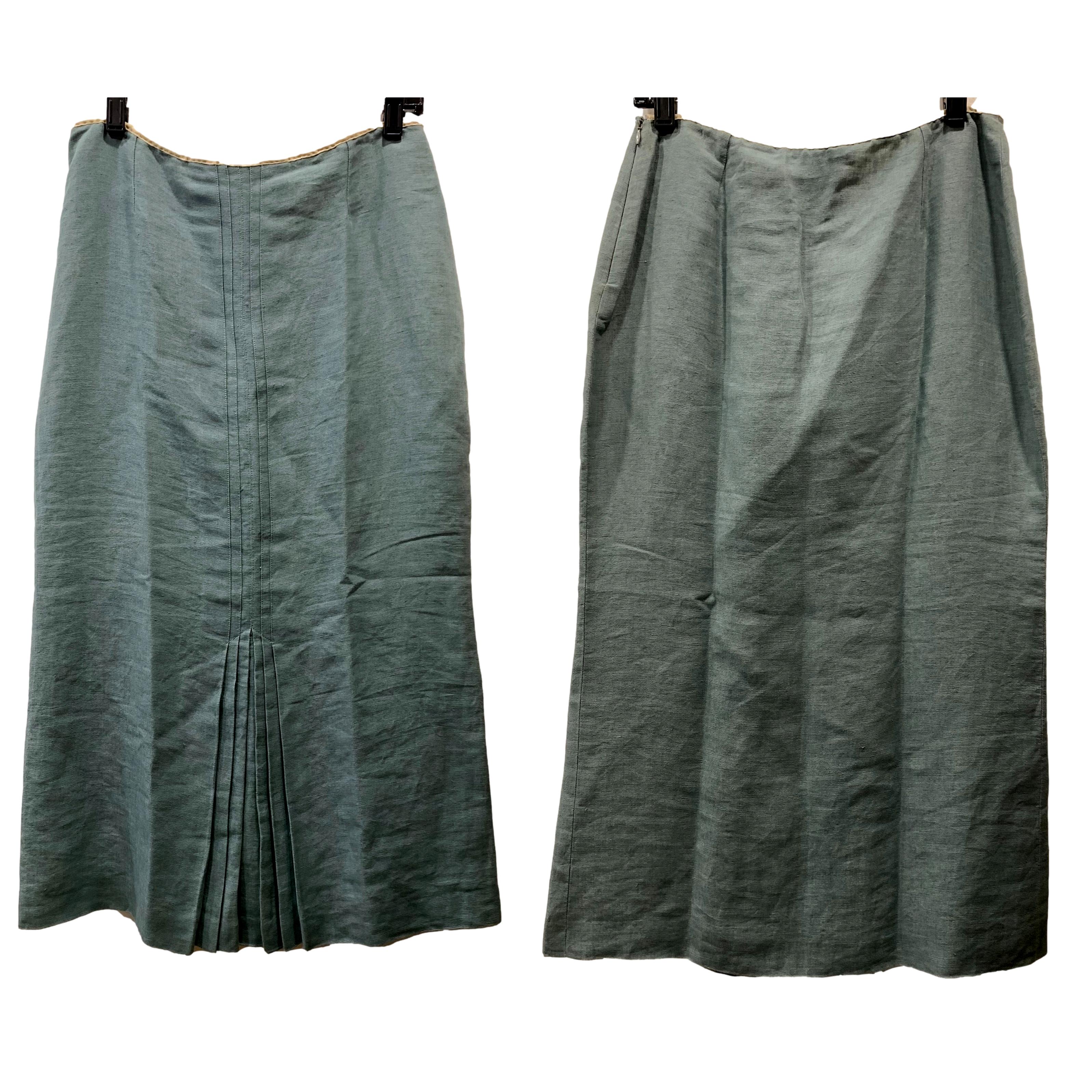 90s/00s Smoky Blue Linen Midi Skirt W Pleat Detail By John Galliano - Image 10