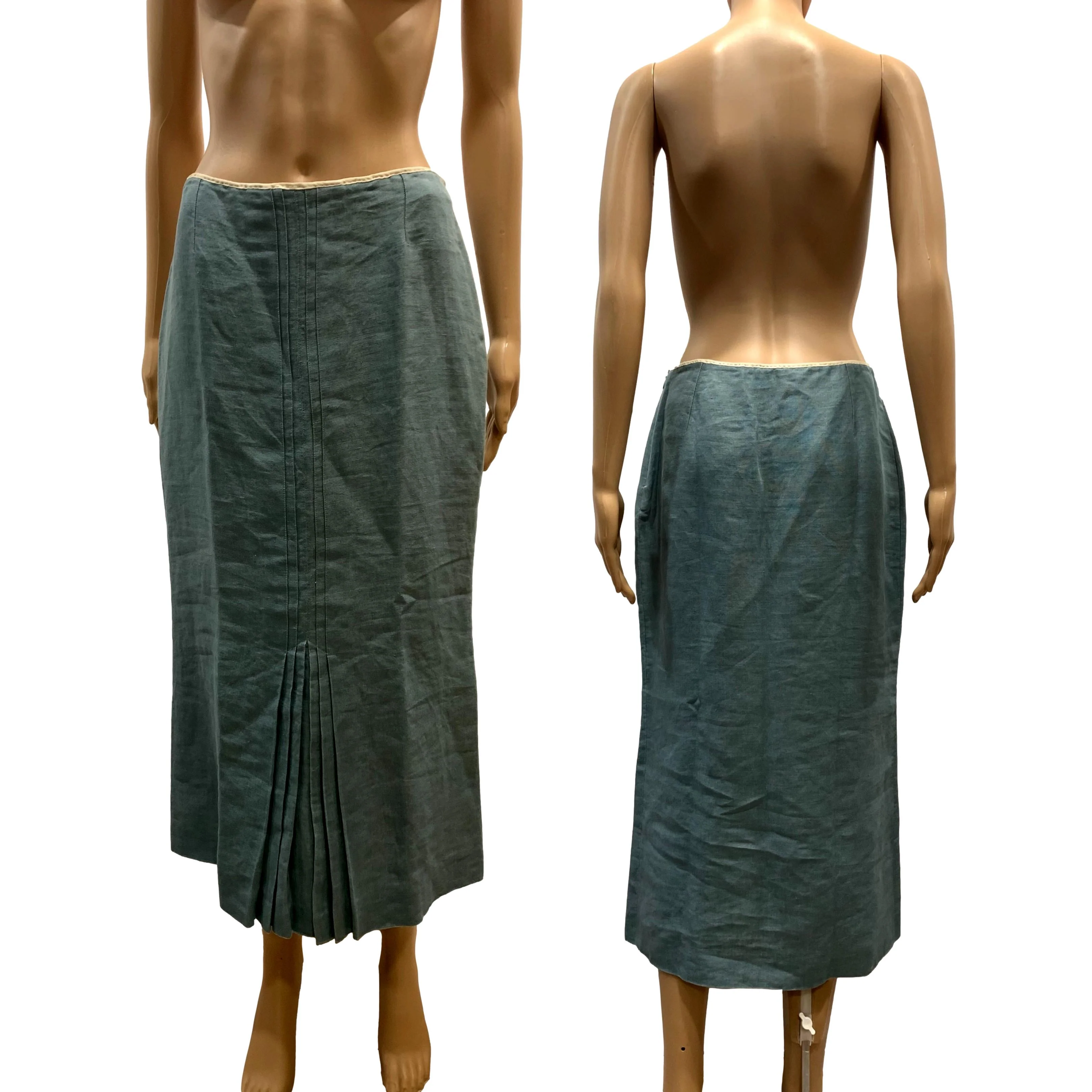 90s/00s Smoky Blue Linen Midi Skirt W Pleat Detail By John Galliano - Image 3