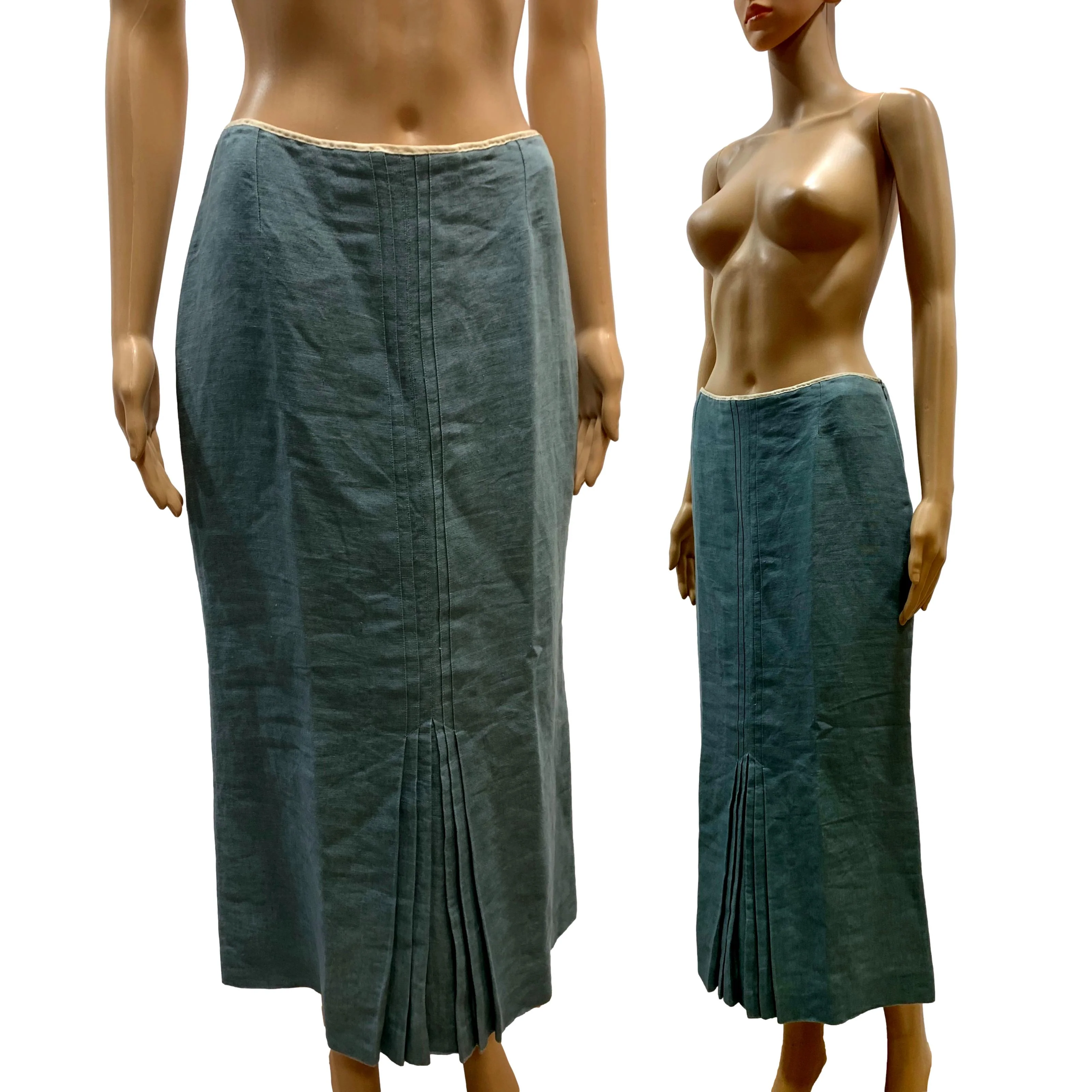90s/00s Smoky Blue Linen Midi Skirt W Pleat Detail By John Galliano - Image 5