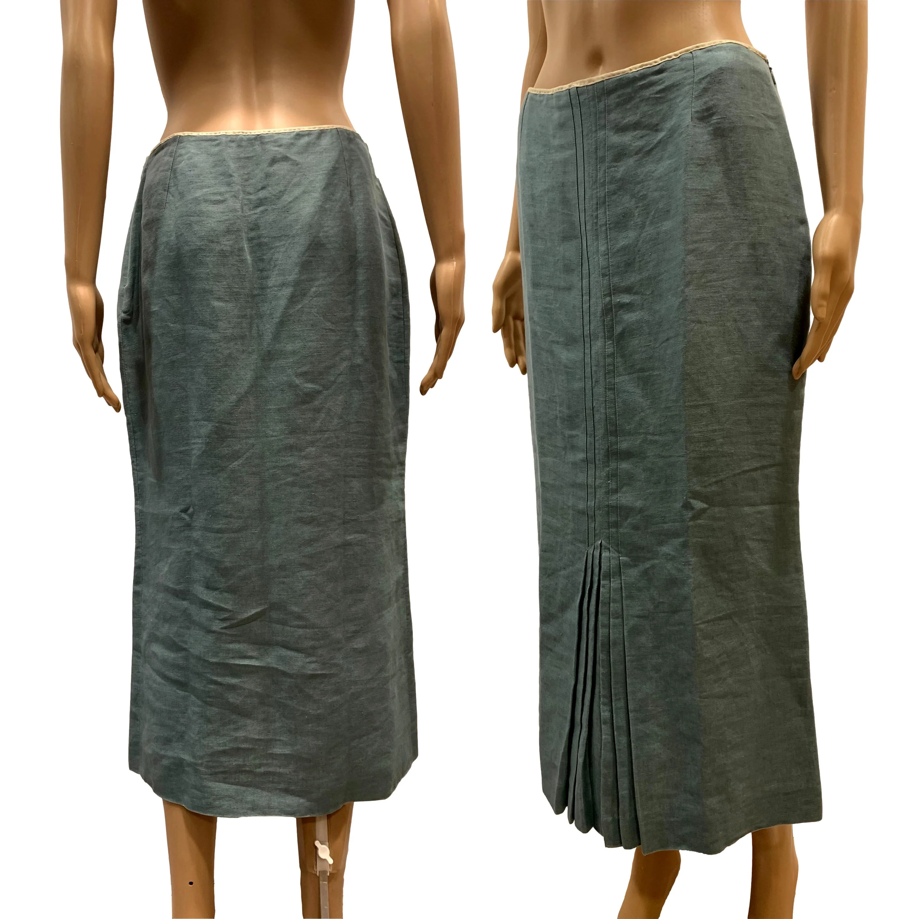 90s/00s Smoky Blue Linen Midi Skirt W Pleat Detail By John Galliano - Image 6