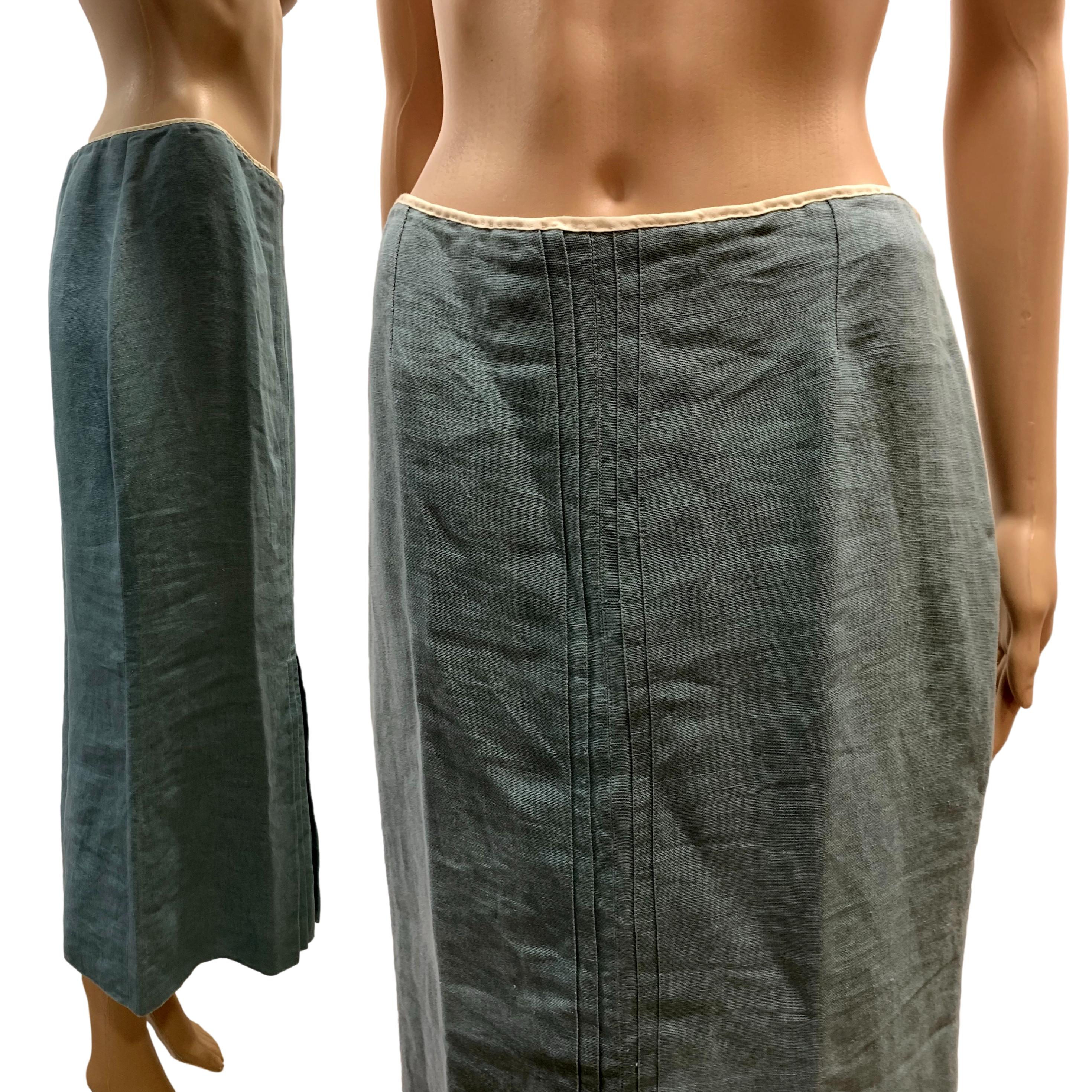 90s/00s Smoky Blue Linen Midi Skirt W Pleat Detail By John Galliano - Image 7