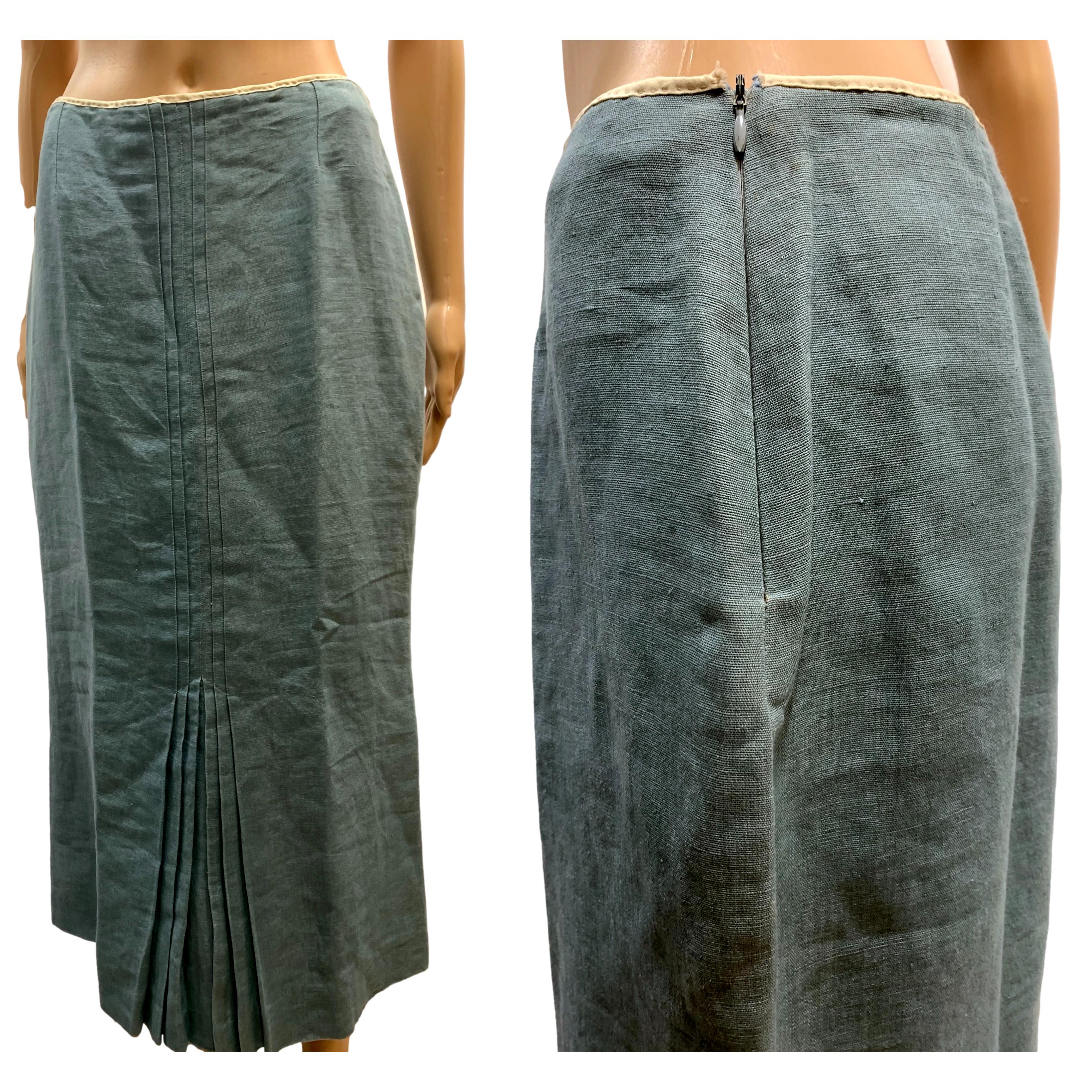 90s/00s Smoky Blue Linen Midi Skirt W Pleat Detail By John Galliano - Image 8