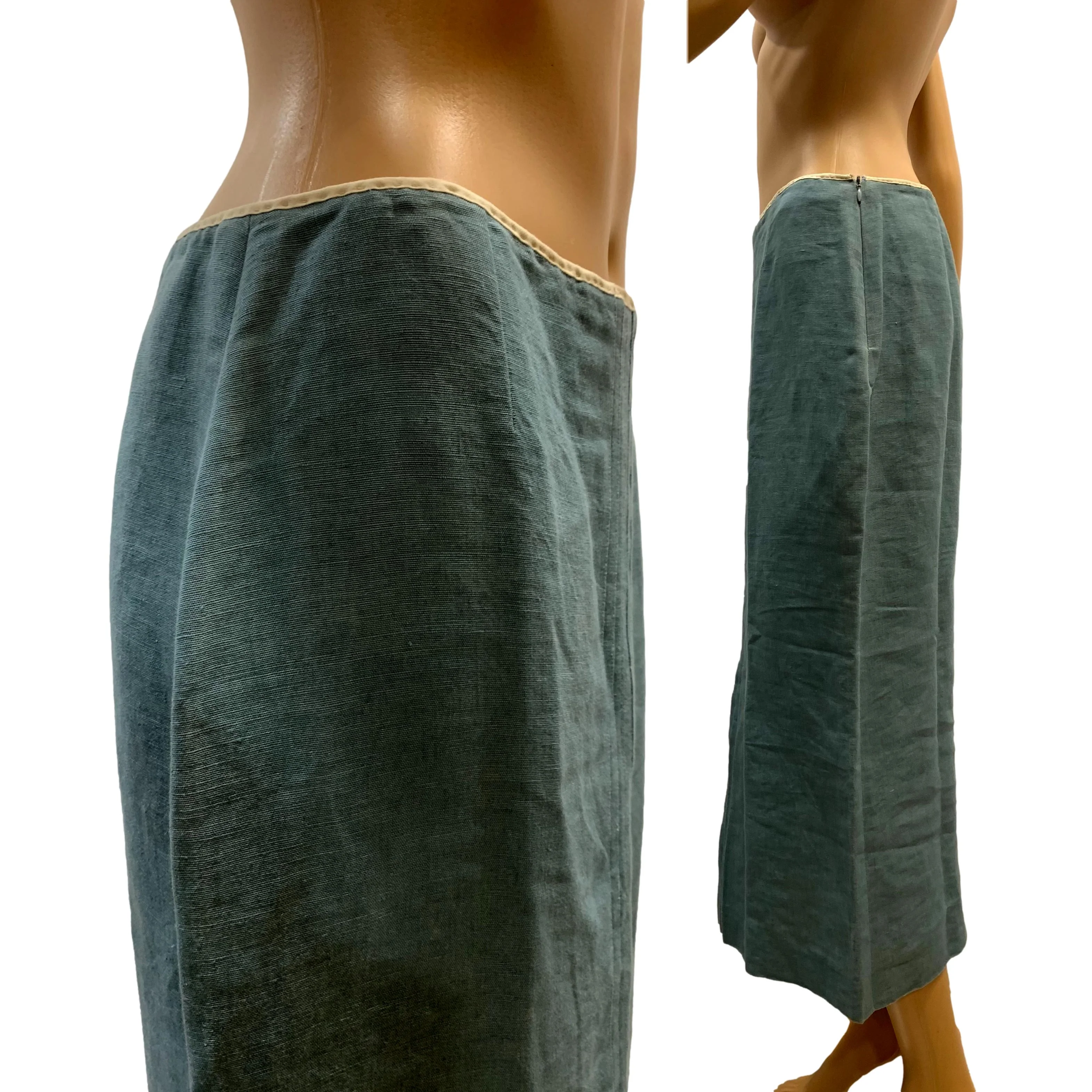 90s/00s Smoky Blue Linen Midi Skirt W Pleat Detail By John Galliano - Image 9