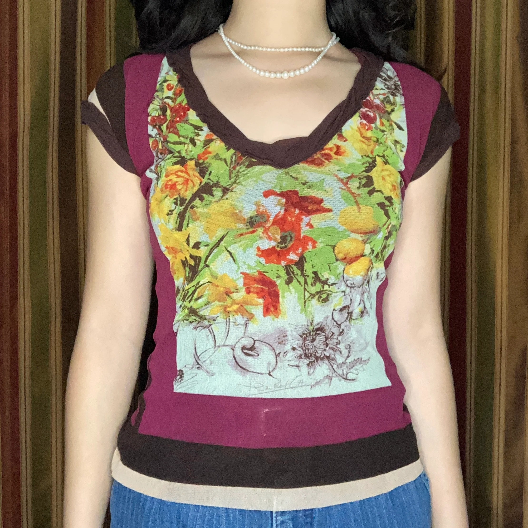 90s/00s Soleil Fruit Botanical Print Mesh Short Sleeve Top By Jean Paul Gaultier - Image 2