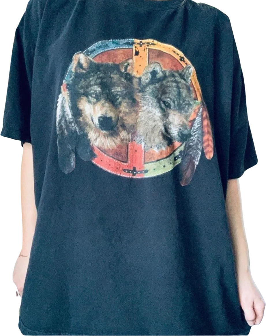 90s/00s Southwestern Boho Wolf Graphic Tee Shirt By Anvil - Image 2