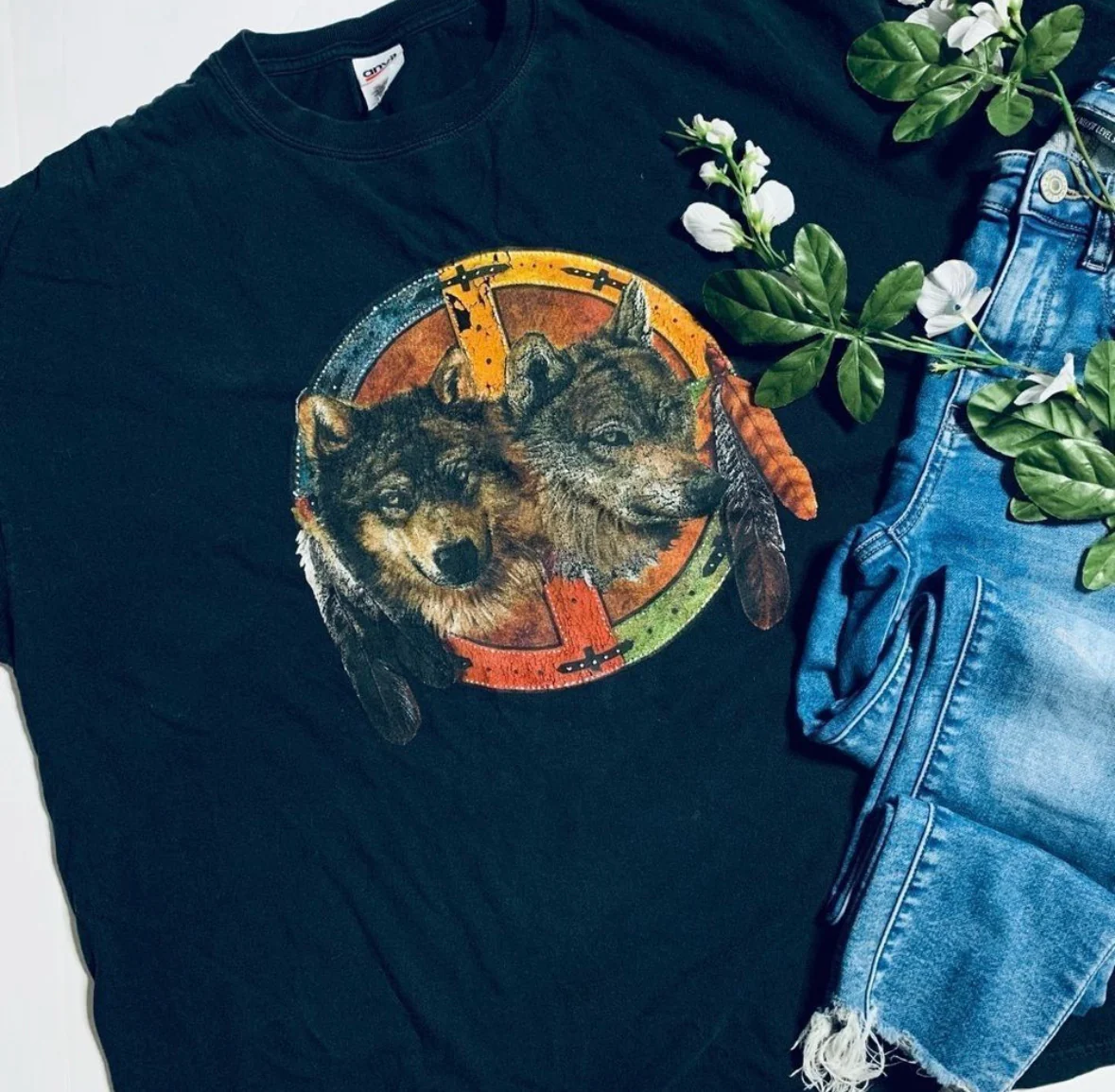 90s/00s Southwestern Boho Wolf Graphic Tee Shirt By Anvil - Image 4