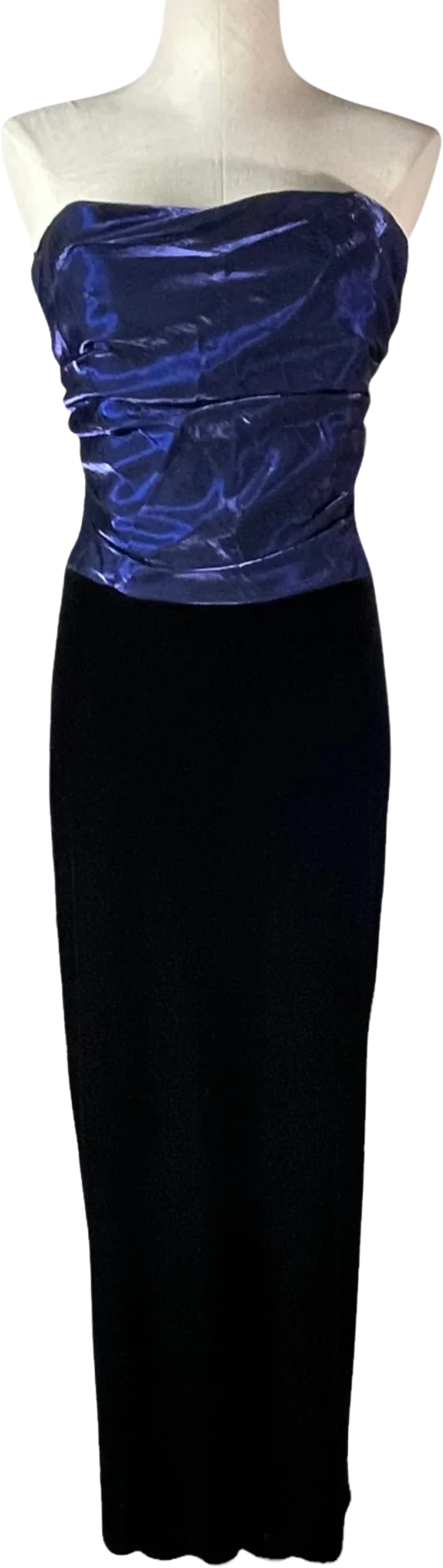 90s/00s Strapless 00s Iridescent Blue Velvet Maxi Dress By Jessica Mcclintock Gunne Sax