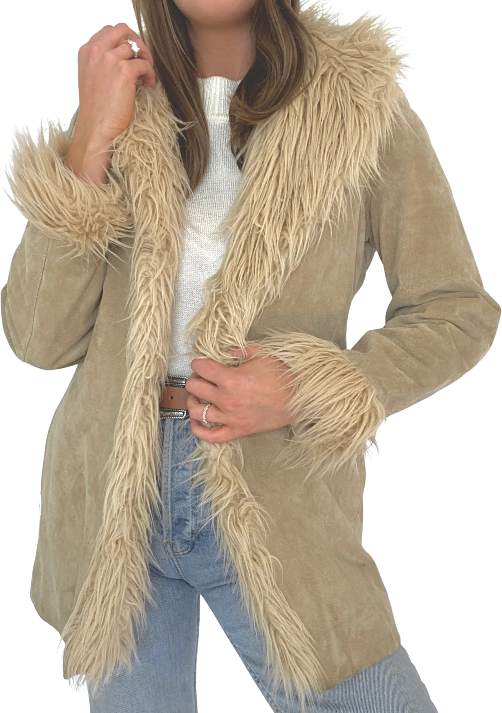 90s/00s Tan Suede Faux Fur Coat - Image 4