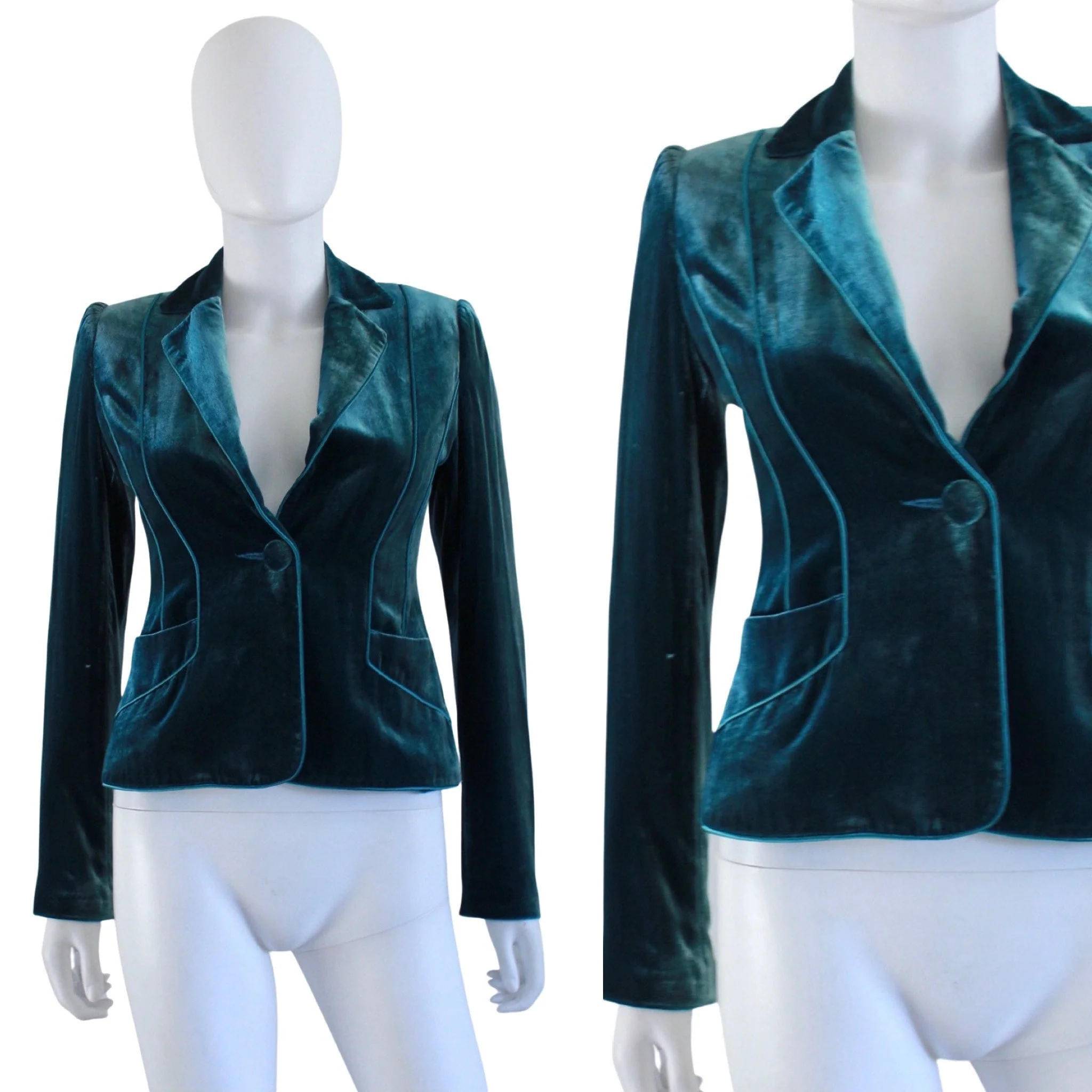 90s / 00s Teal Velvet Blazer Jacket Size Small by Shelli Segal - Image 3