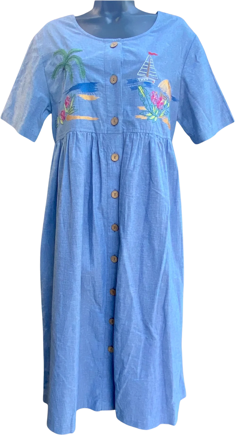 90s/00s Tropical Embroidered Denim Dress By Bechamel