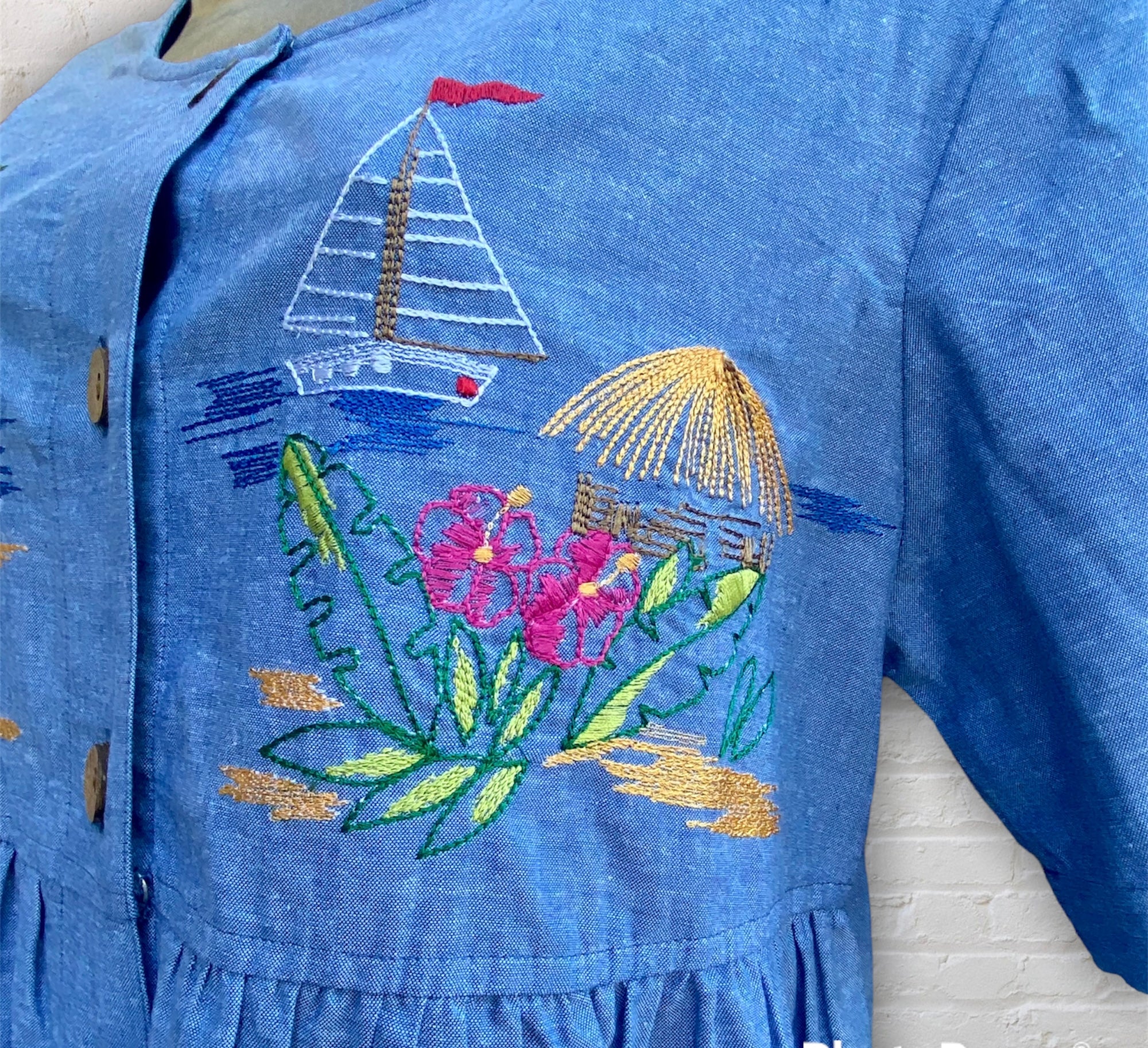 90s/00s Tropical Embroidered Denim Dress By Bechamel - Image 5