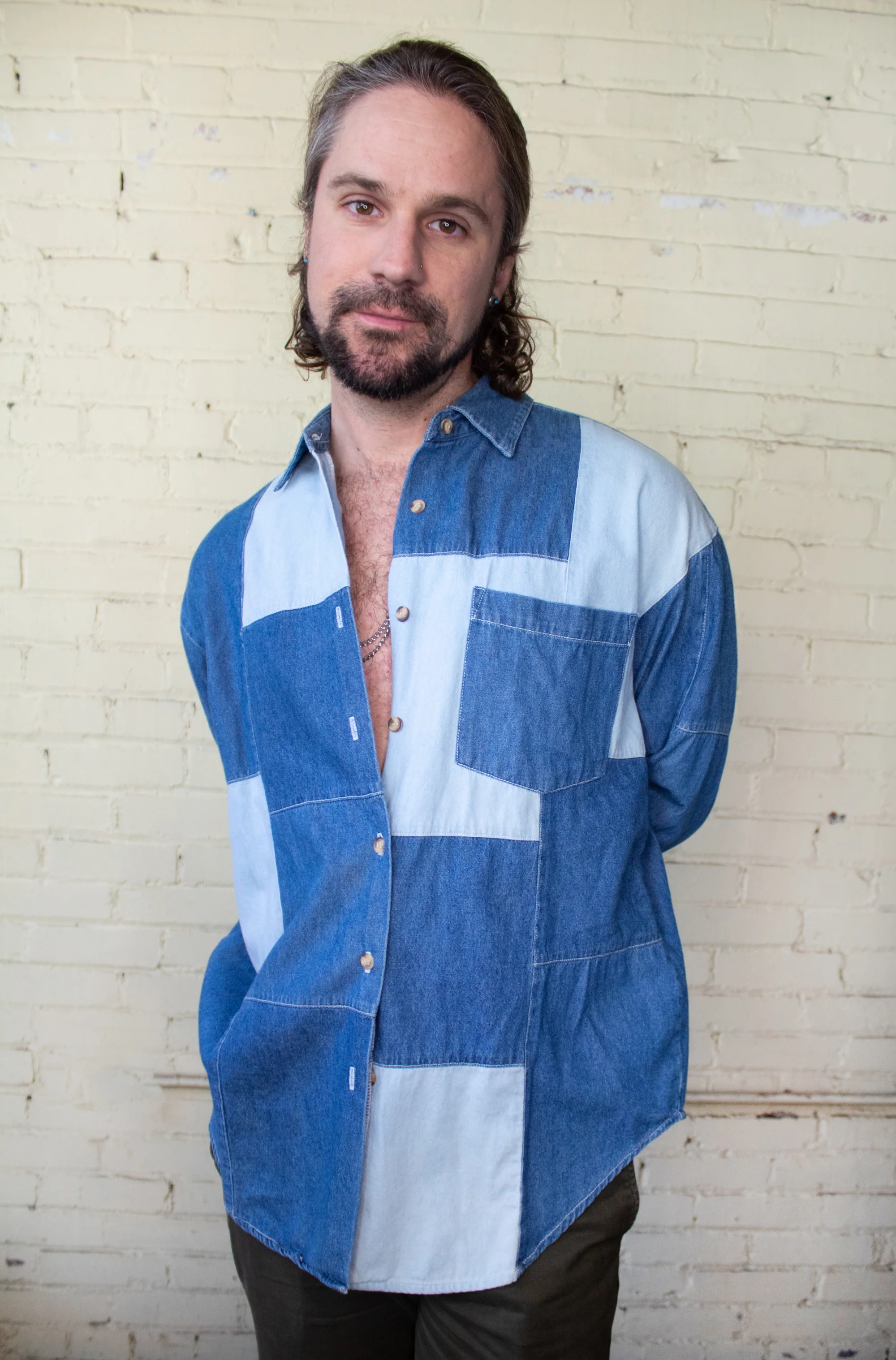 90s/00s Two Toned Blue Denim Patchwork Button Up Large By Solutions - Image 9