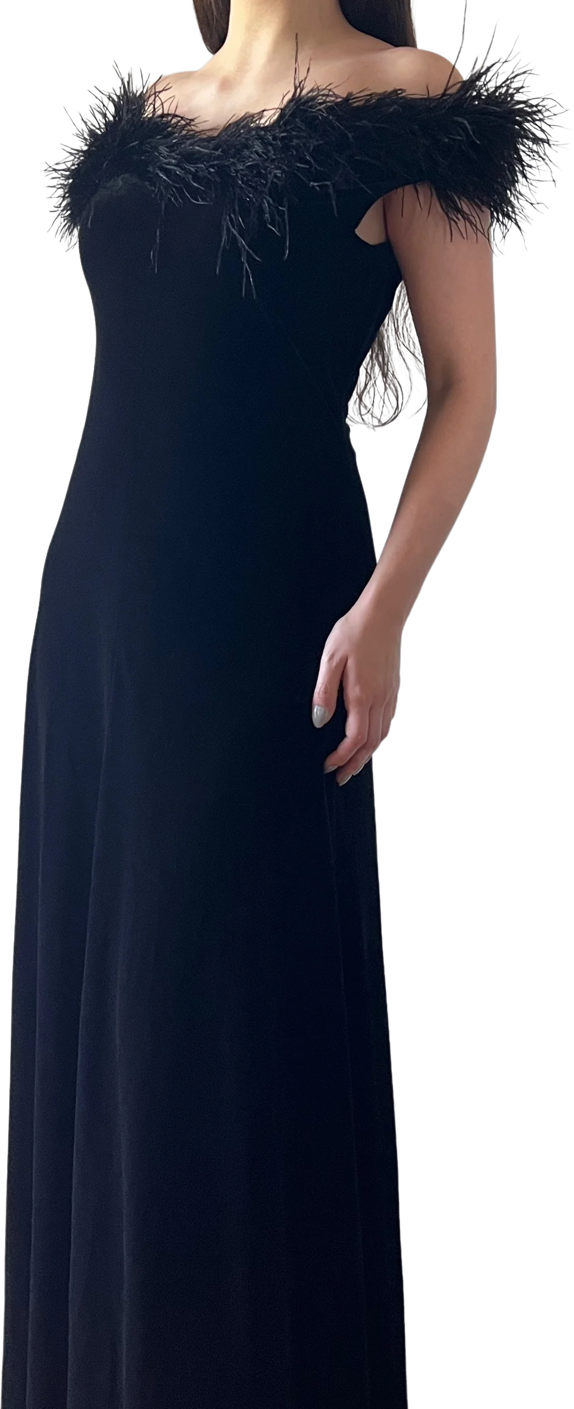 90s/00s Velvet And Feather Trim Dress By Jeffery & Dara Evenings