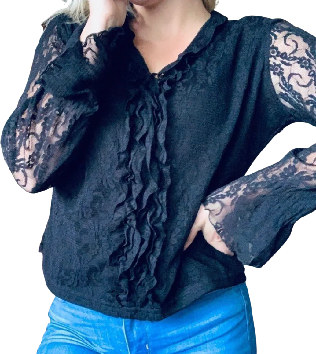 90s/00s Vintage Black Lace Overlay Bell Sleeve V-neck Top By Della Spiga Italy