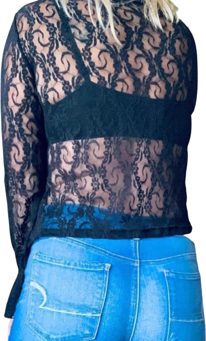 90s/00s Vintage Black Lace Overlay Bell Sleeve V-neck Top By Della Spiga Italy - Image 2