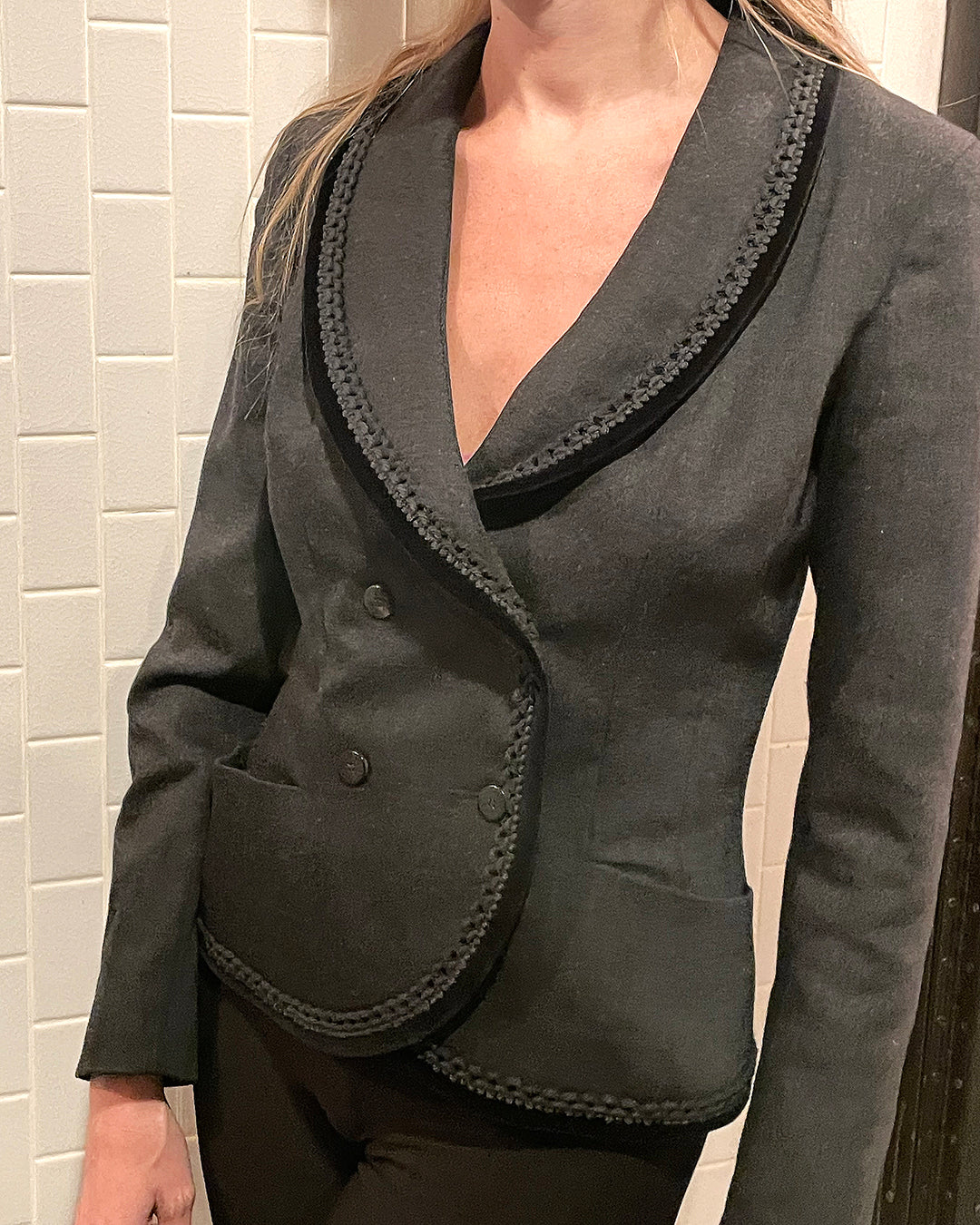 90s/00s Vintage Blumarine Virgin Wool Blazer W Velvet Trim By Blumarine - Image 8
