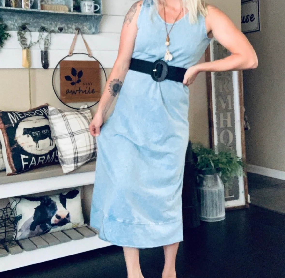 90s/00s Vintage Chambray Denim Crochet Shoulders Maxi By Produce Company - Image 4
