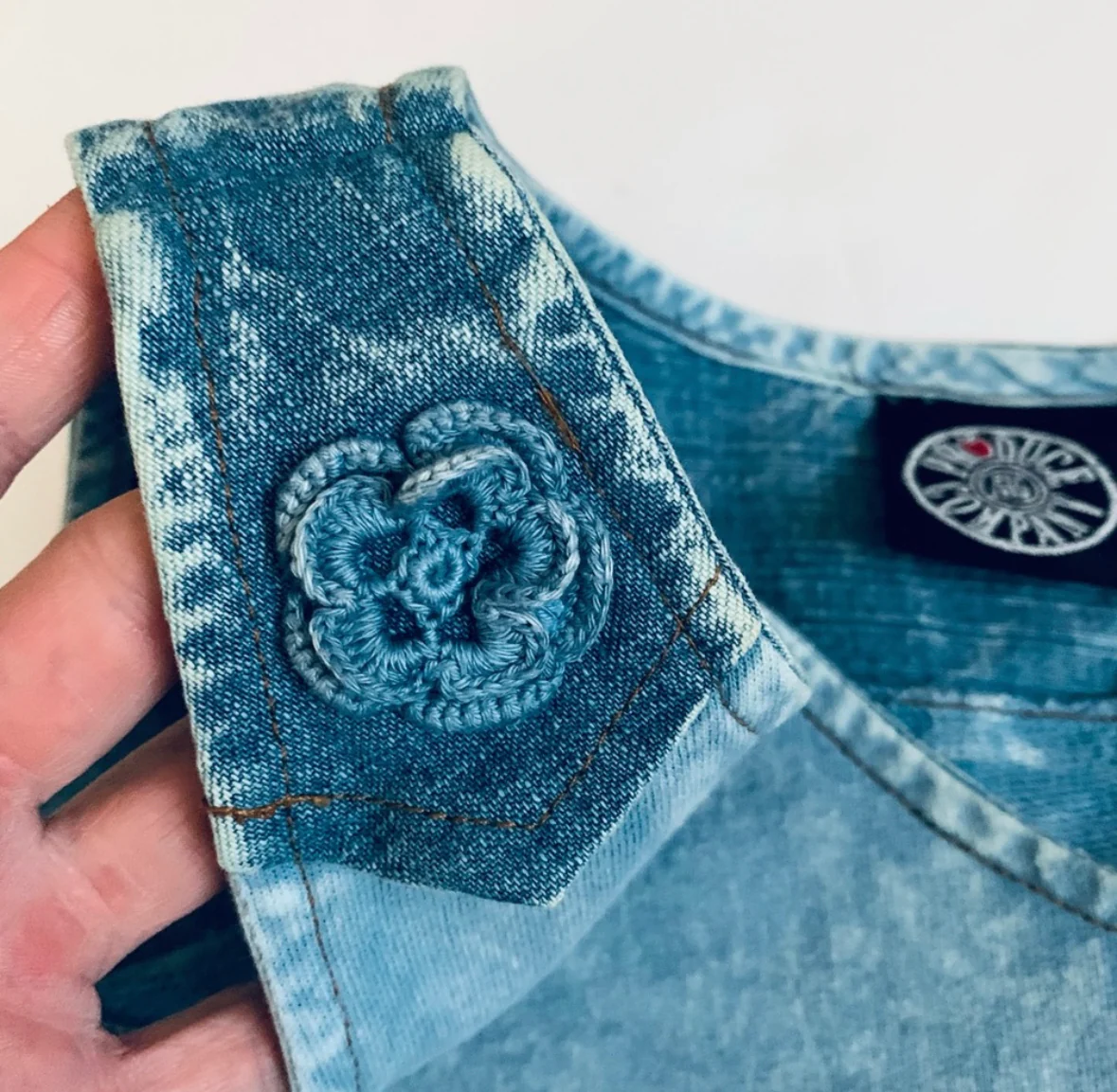 90s/00s Vintage Chambray Denim Crochet Shoulders Maxi By Produce Company - Image 7