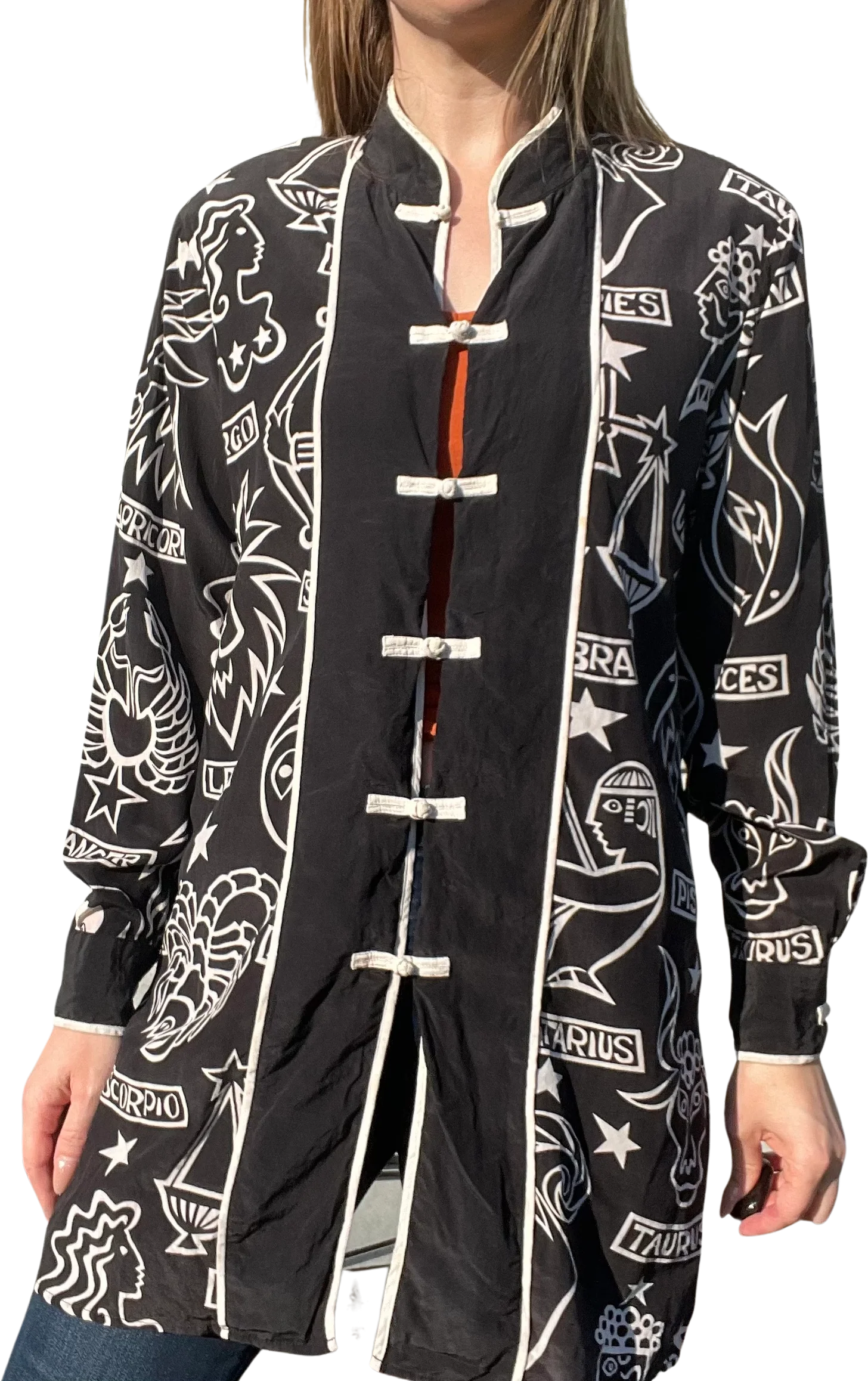 90s/00s Vintage Horoscope Silk Duster Shirt By Bob Mackie Wearable Art