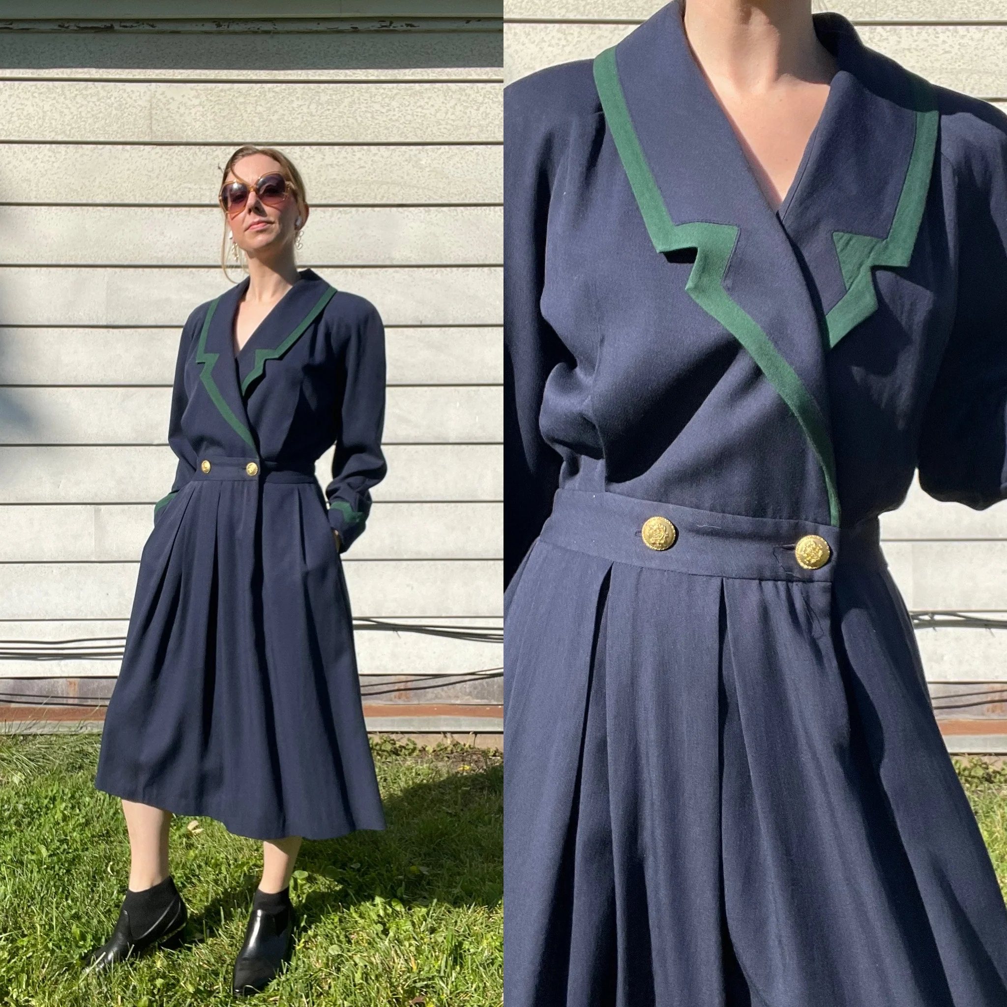 90s/00s Vintage Navy Blue Collared Shirt Dress Pockets By Talbots - Image 3