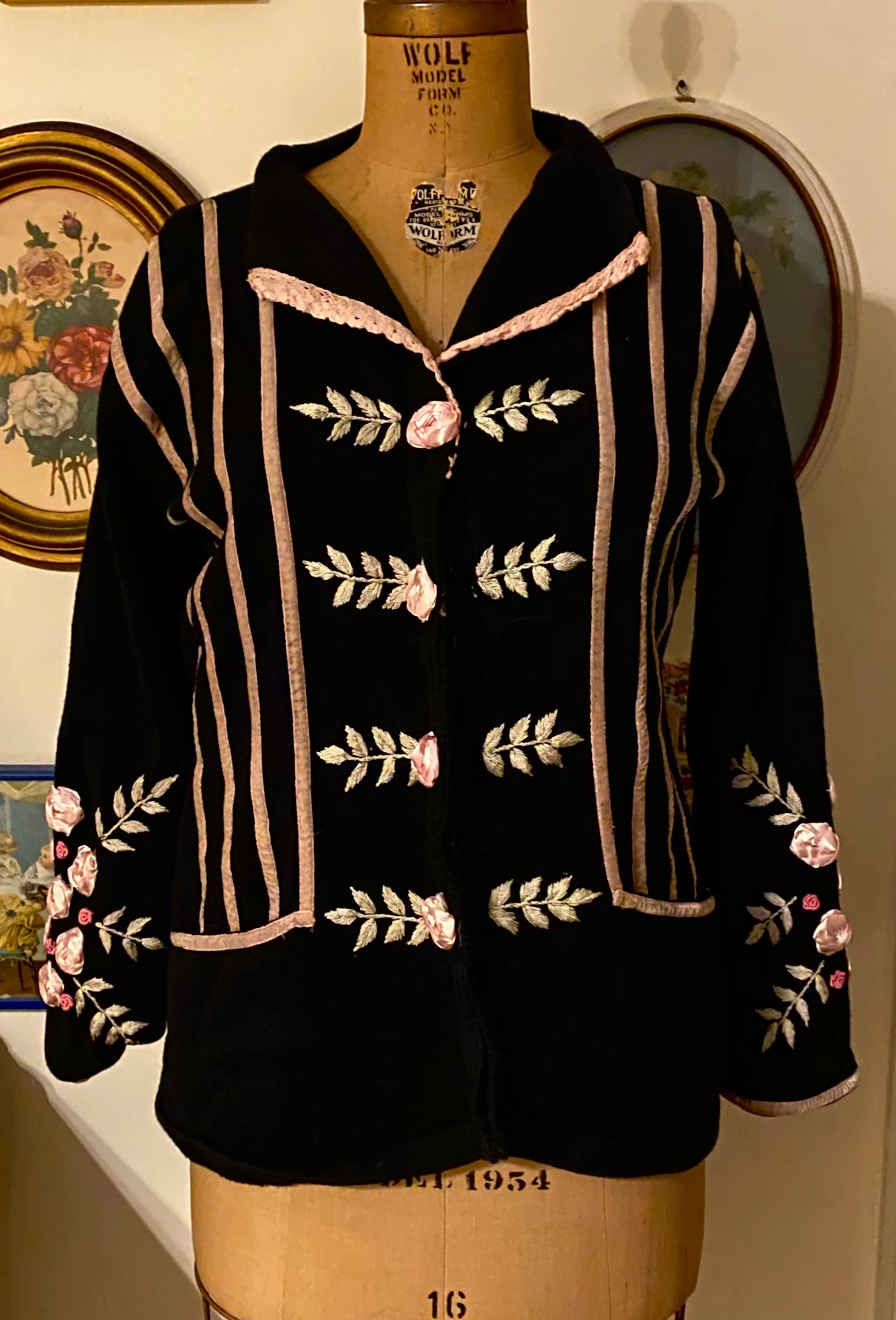 90s/00s Vtg Home Shopping Network Black Pink Rose Cardigan By Storybook Knits - Image 3