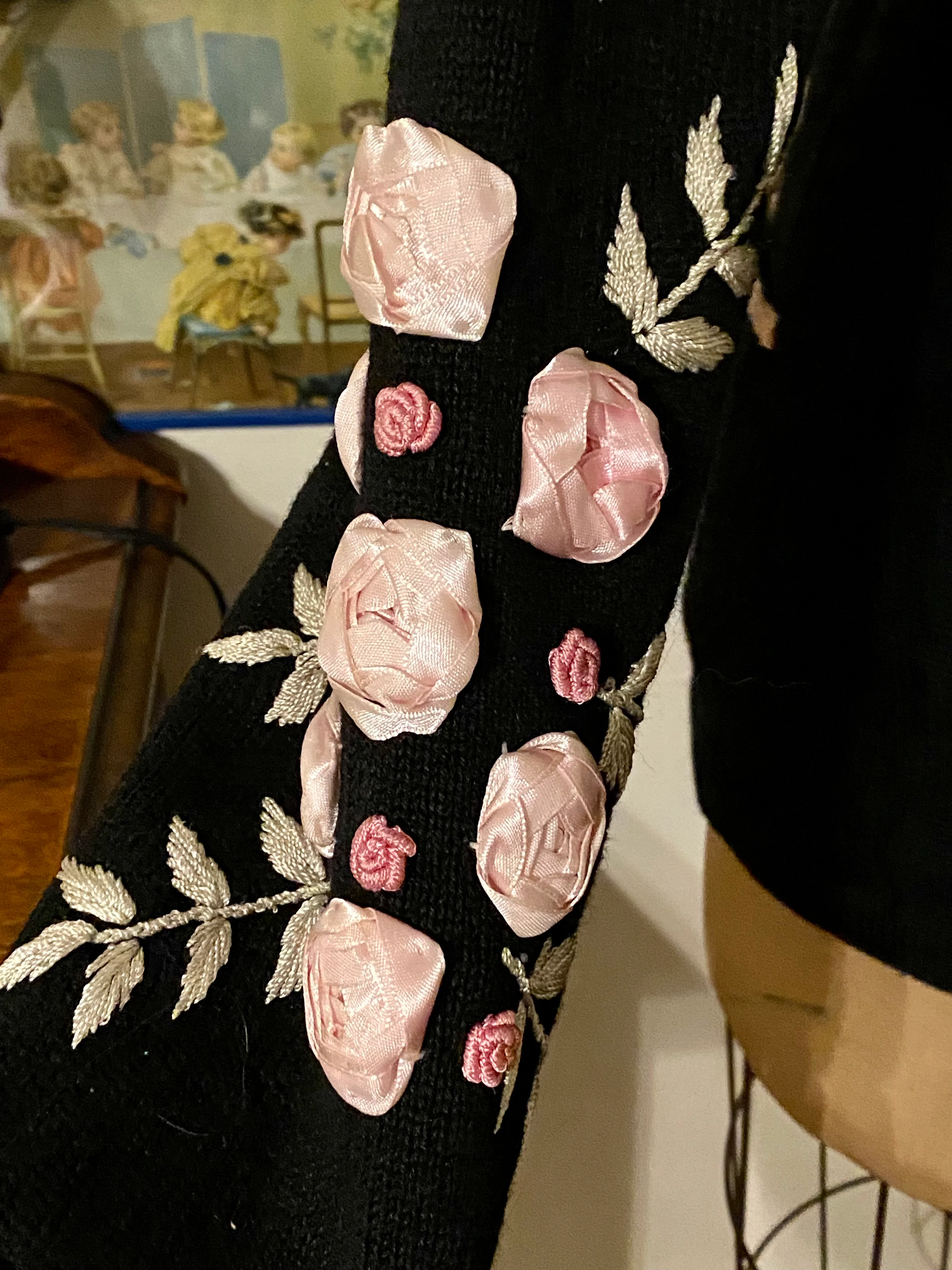 90s/00s Vtg Home Shopping Network Black Pink Rose Cardigan By Storybook Knits - Image 4