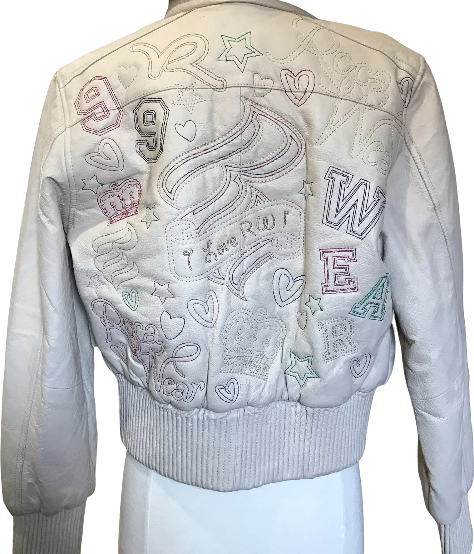 90s/00s Vtg Cream Leather Bomber Jacket Embroidery Lined By Rocawear - Image 2