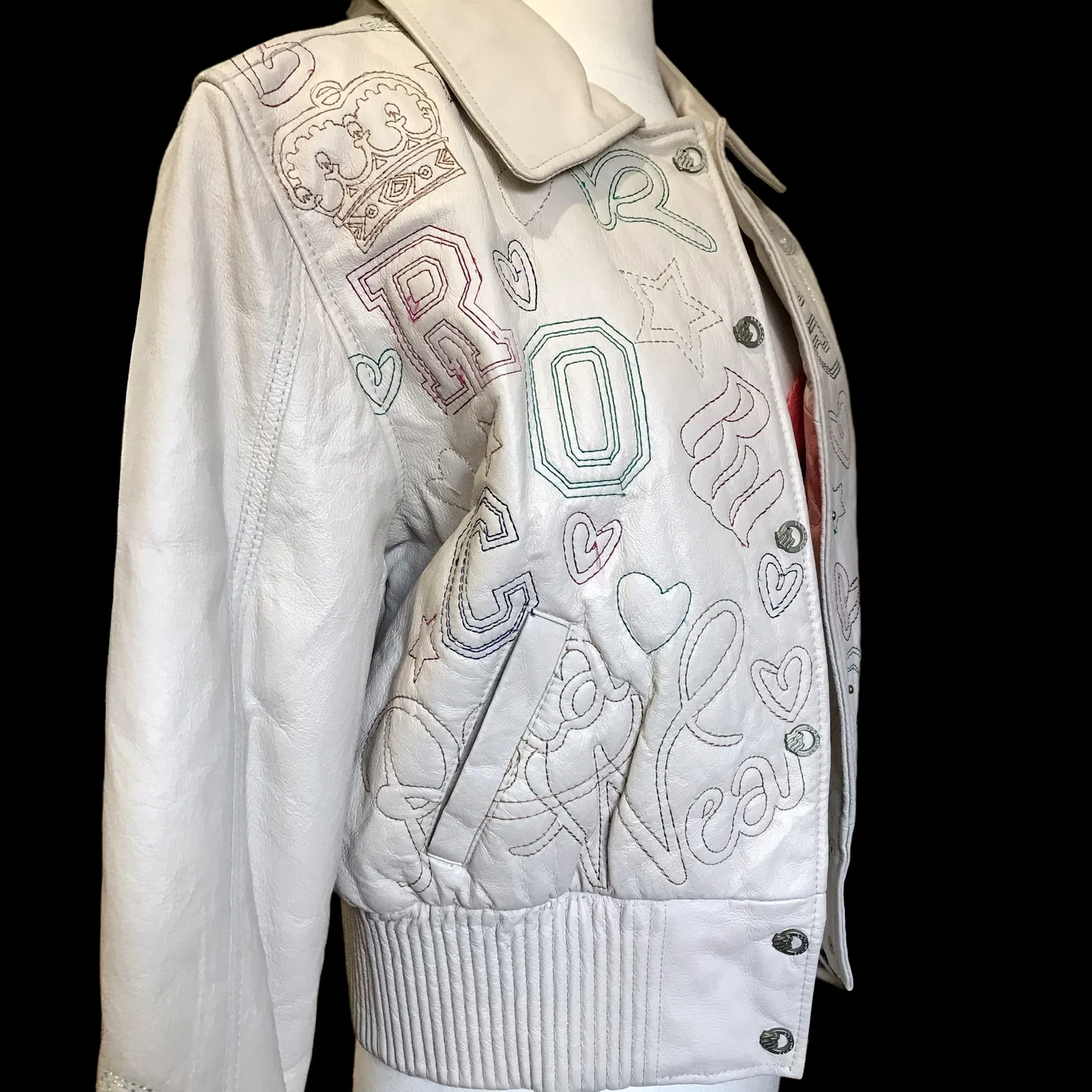 90s/00s Vtg Cream Leather Bomber Jacket Embroidery Lined By Rocawear - Image 3