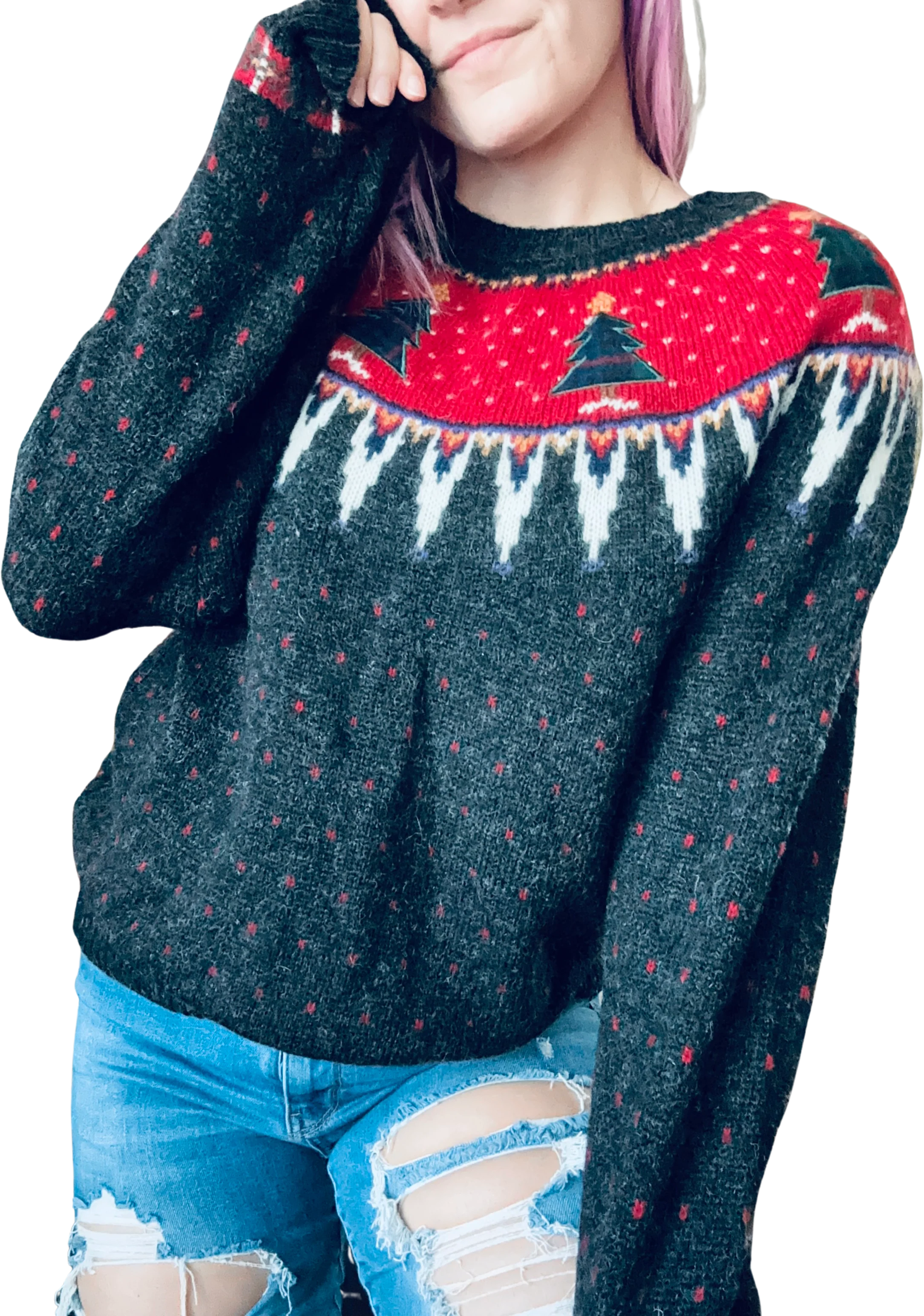 90s/00s Wool Fair Isle Christmas Tree Embroidered Sweater By Woolrich