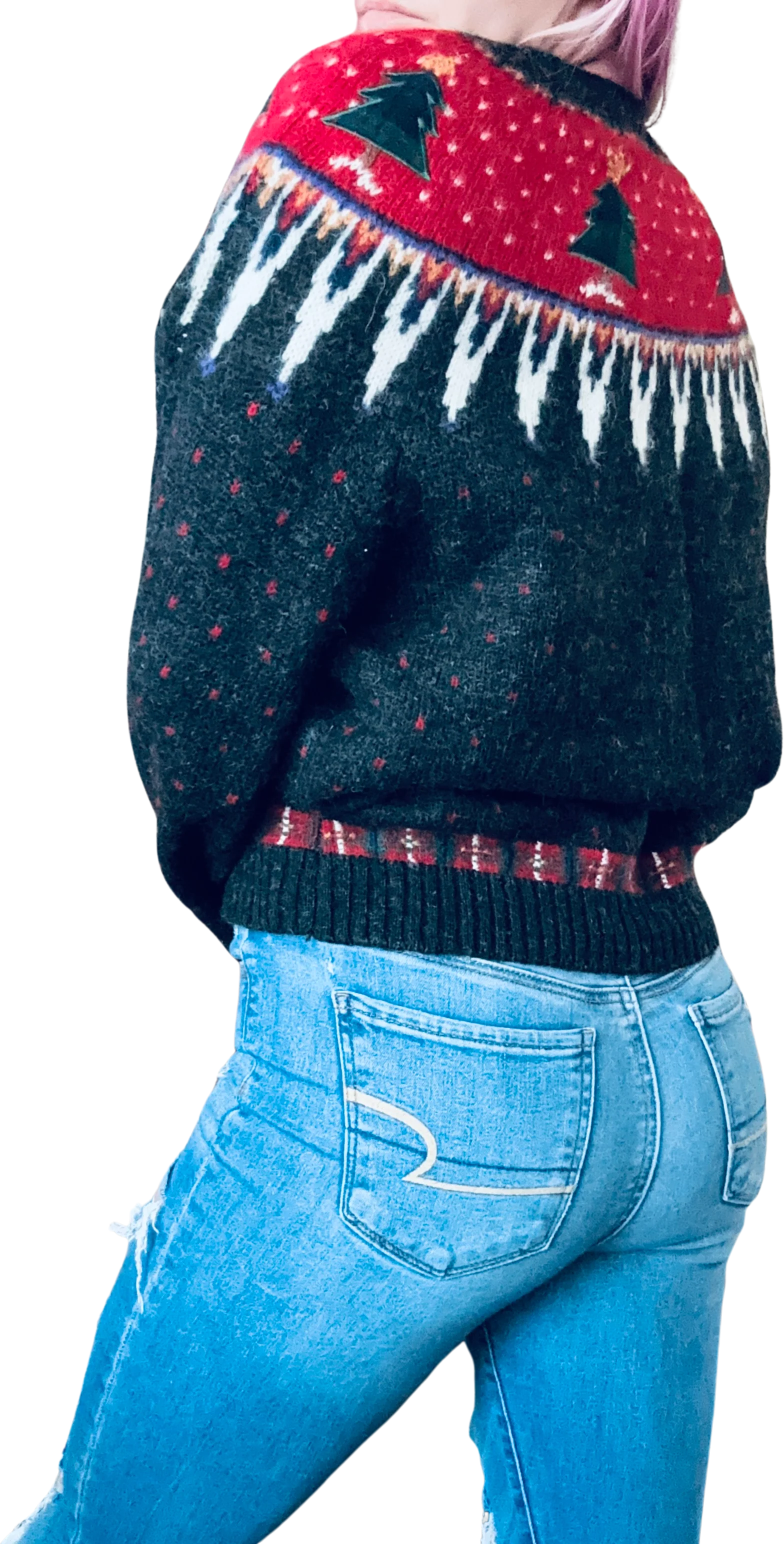 90s/00s Wool Fair Isle Christmas Tree Embroidered Sweater By Woolrich - Image 2