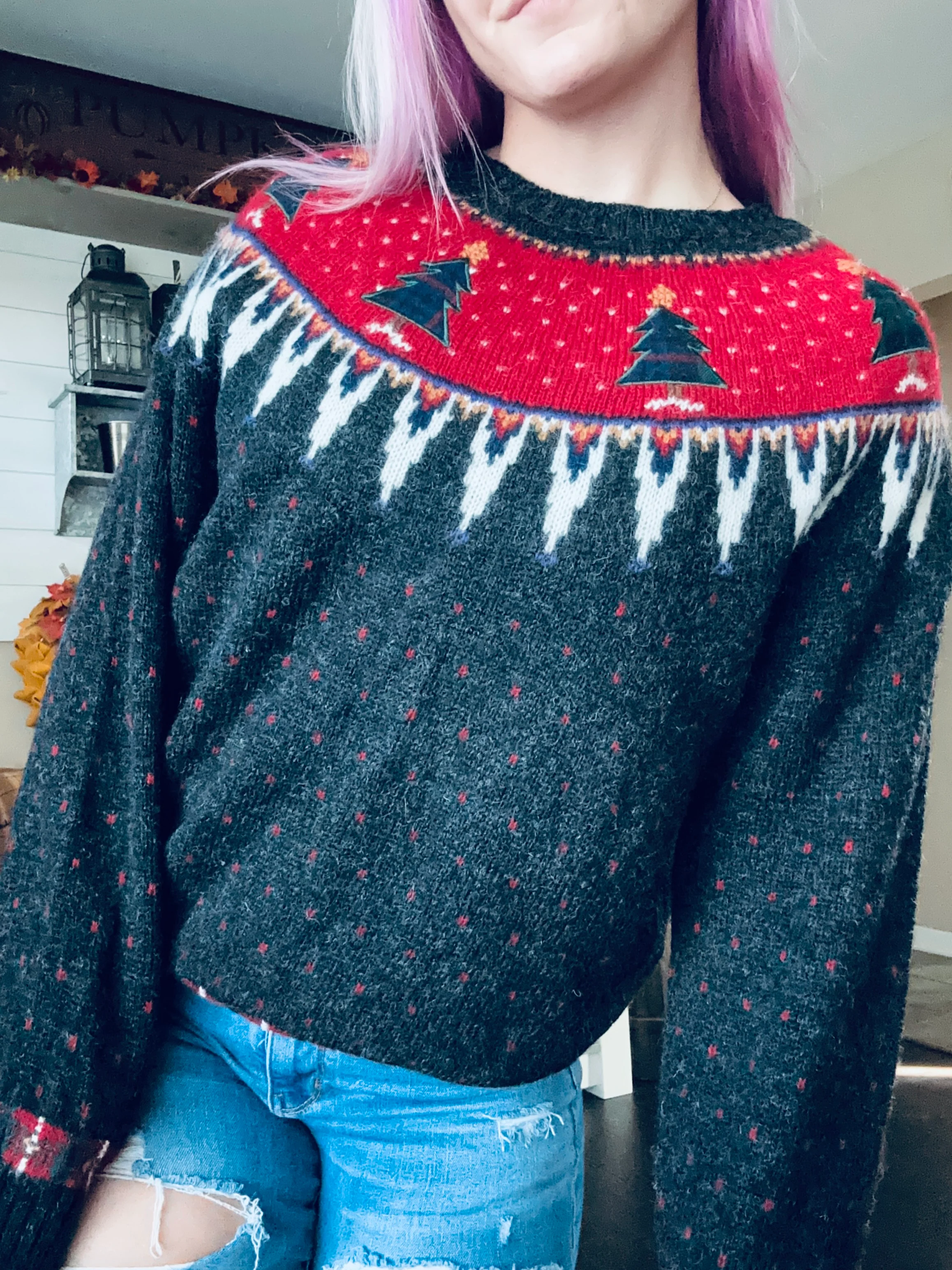 90s/00s Wool Fair Isle Christmas Tree Embroidered Sweater By Woolrich - Image 3