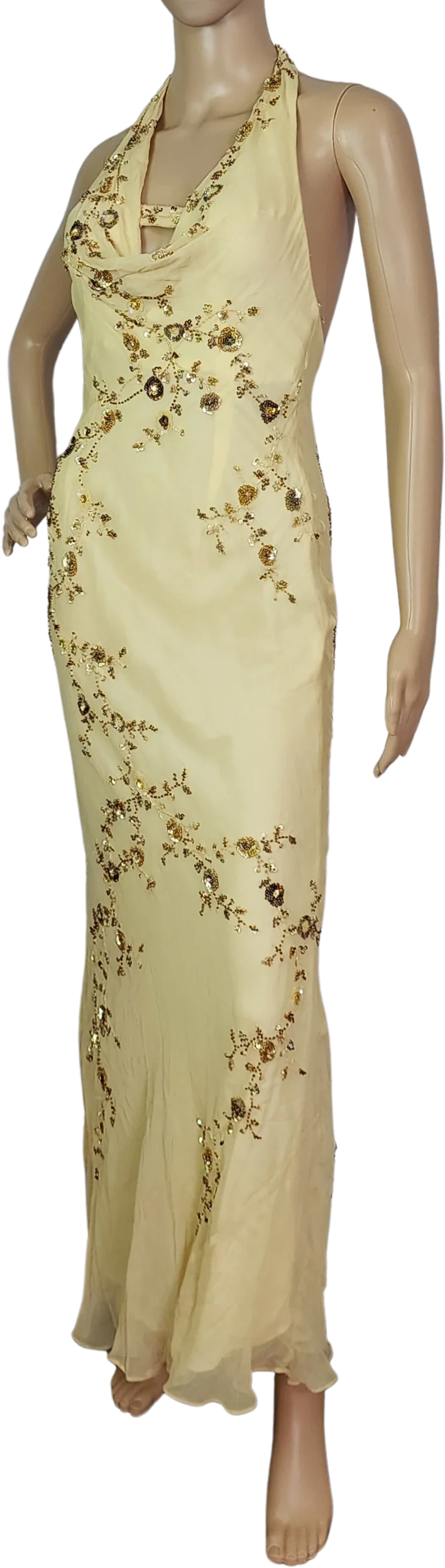 90s/00s Yellow Gold Beaded Silk Backless Bias Gown By Scala