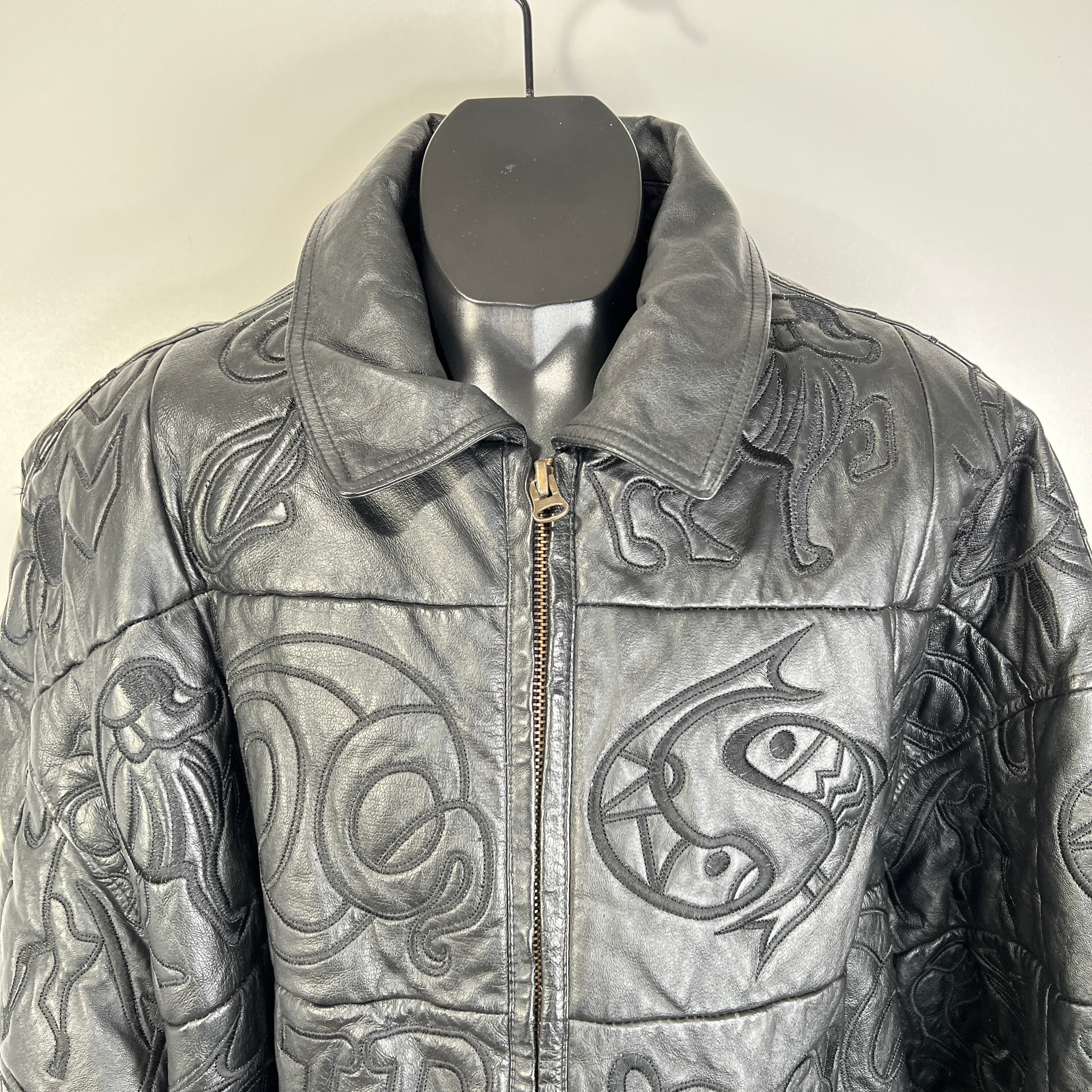 90s/00s Zodiac Embroidered Leather Jacket Trap Streetwear By Sicard - Image 3