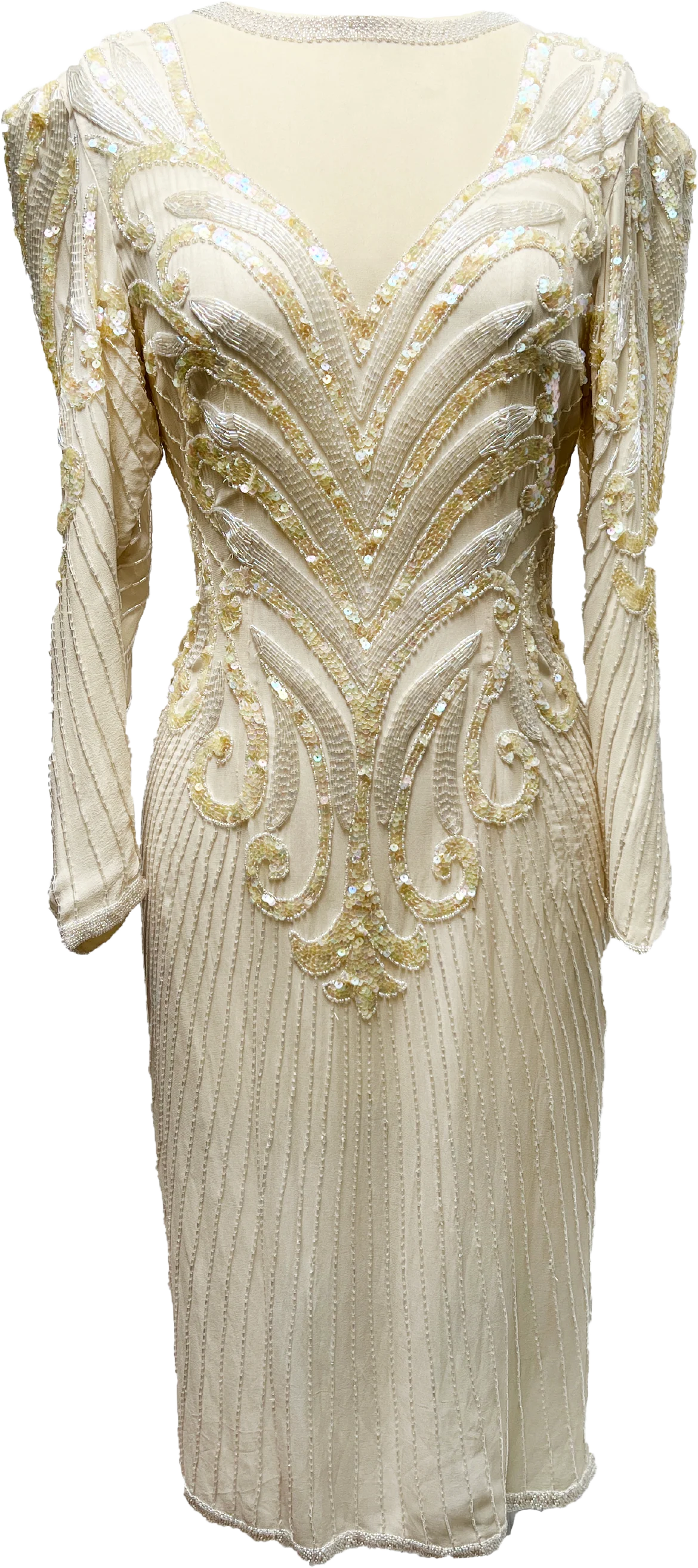 90s 100% Silk Heavily Beaded Ivory Formal Dress By Cache
