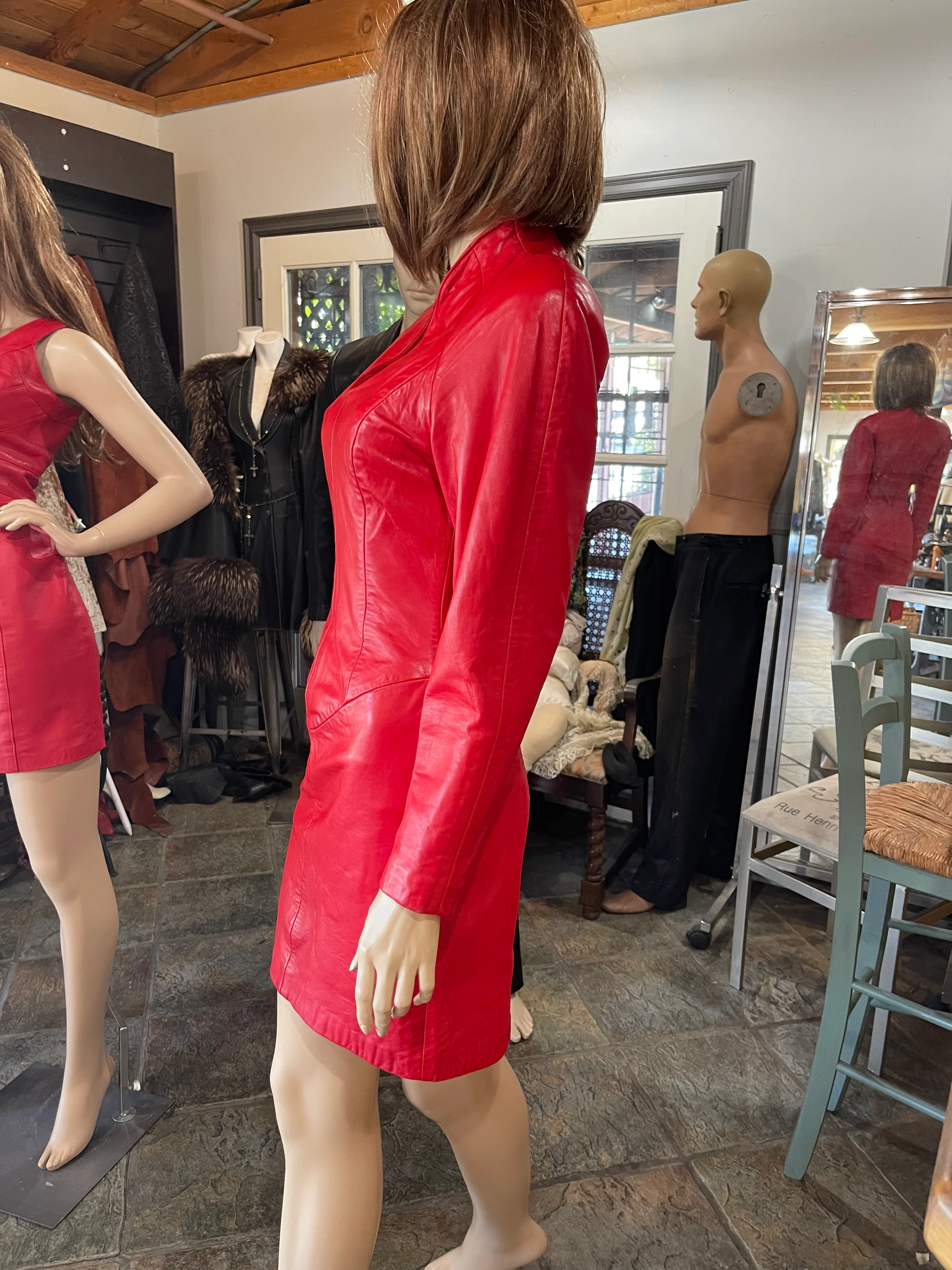 90s 1989-1991 Red Leather Long Sleeve Dress By Michael Hoban North Beach Leather - Image 3