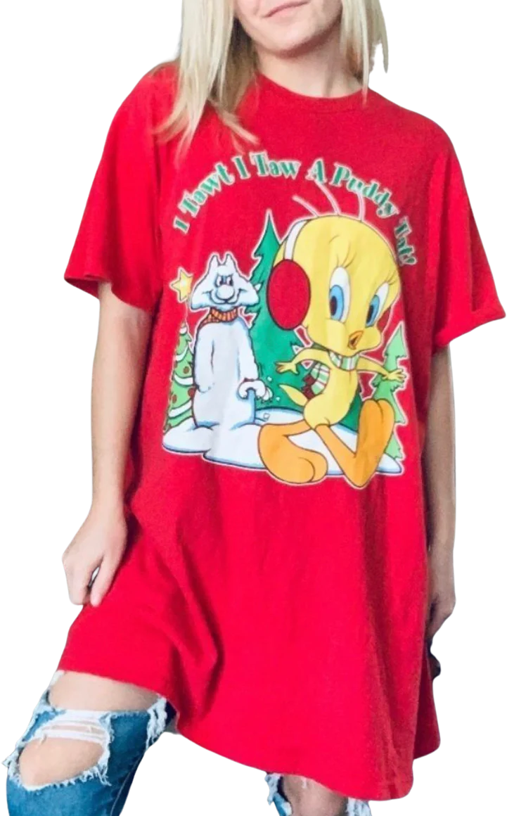 90s 1996 One Size Tweety Bird Christmas Sleeper Tee By Looney Tunes - Image 2