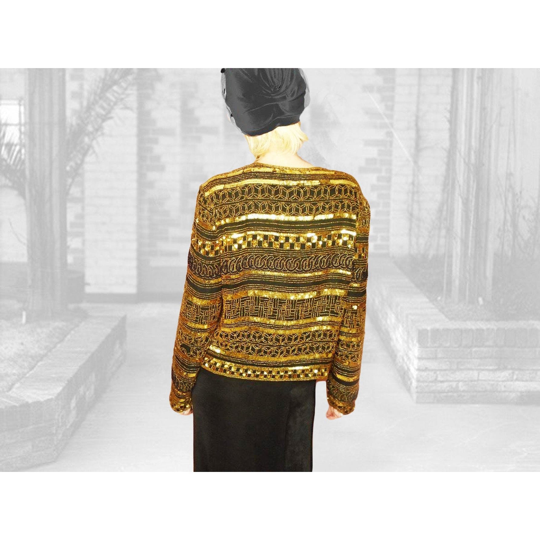 90s 30s Style Gold Sequin Beaded Formal Jacket By Papell Boutique - Image 7