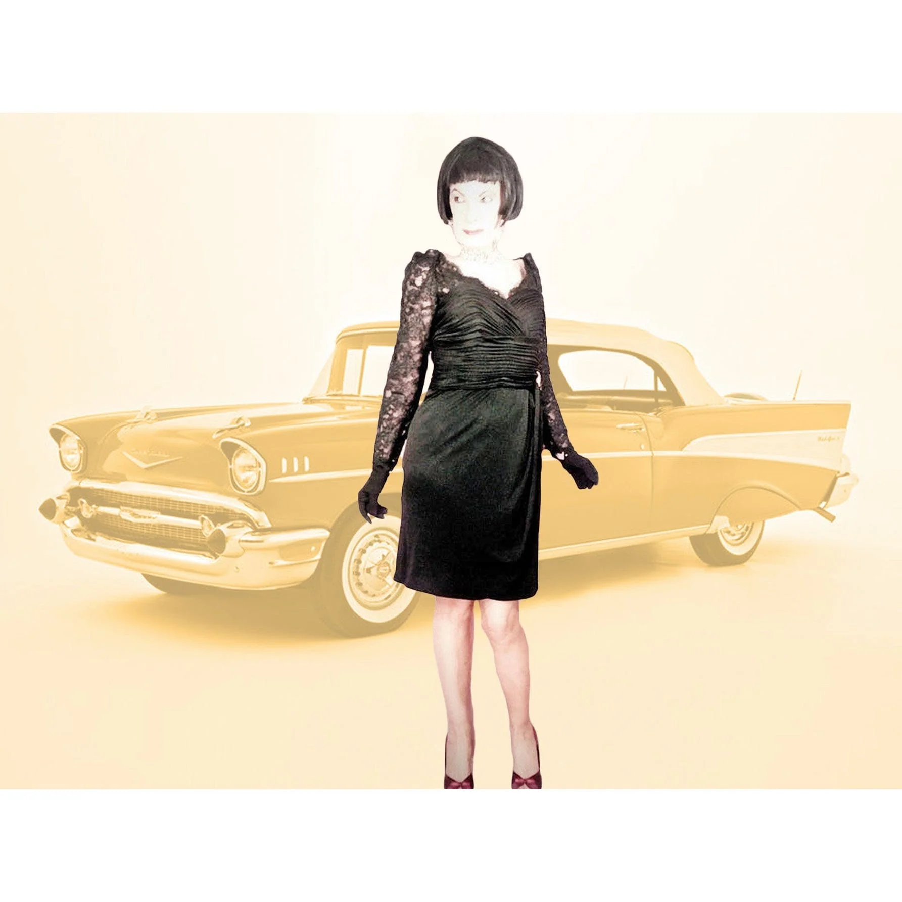 90s 50s Style Black Lace Long Sleeve Cocktail Dress By Victoria Royal Ltd - Image 6