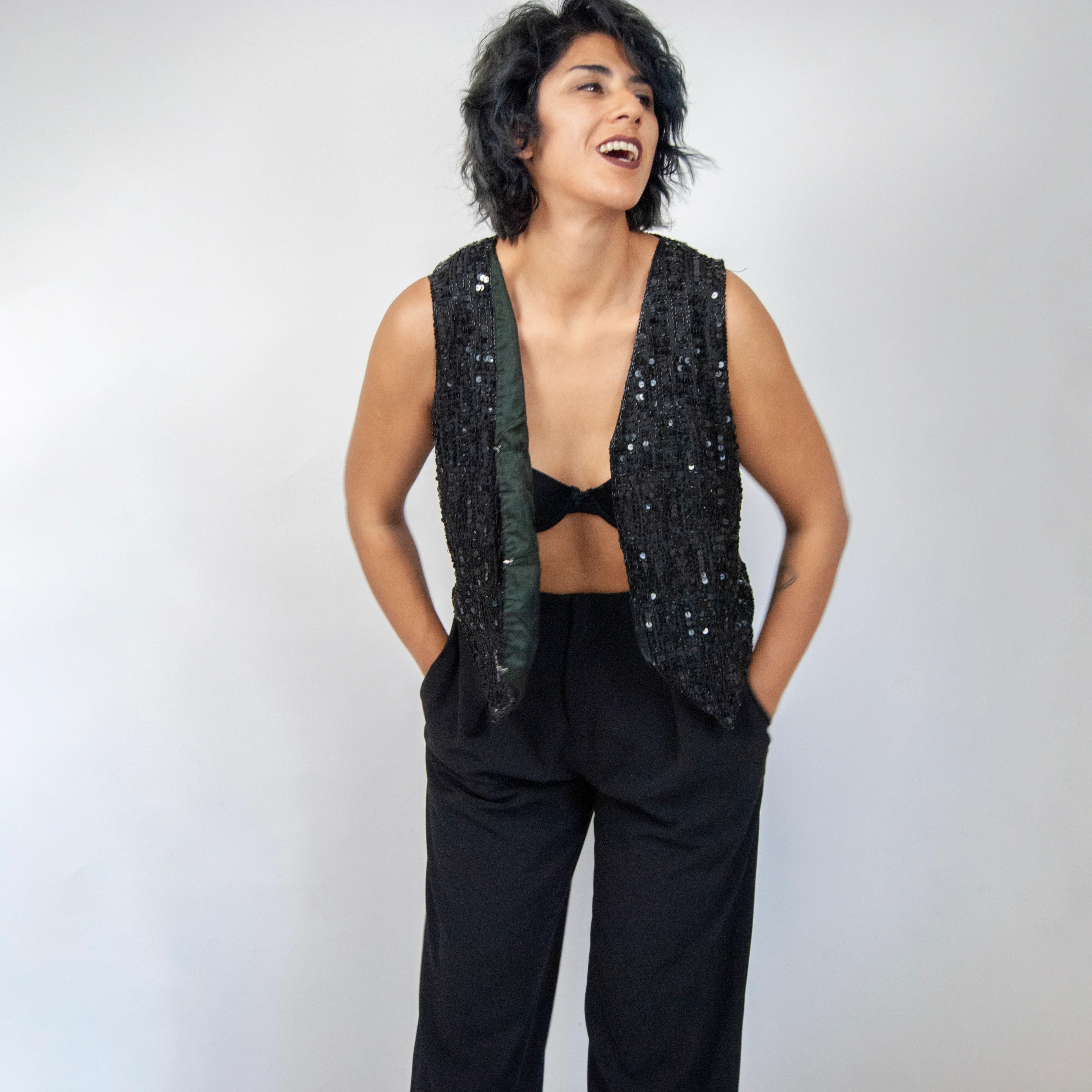 90s Abstract Silk Black Sequin Waistcoat By Sweet Sue - Image 2