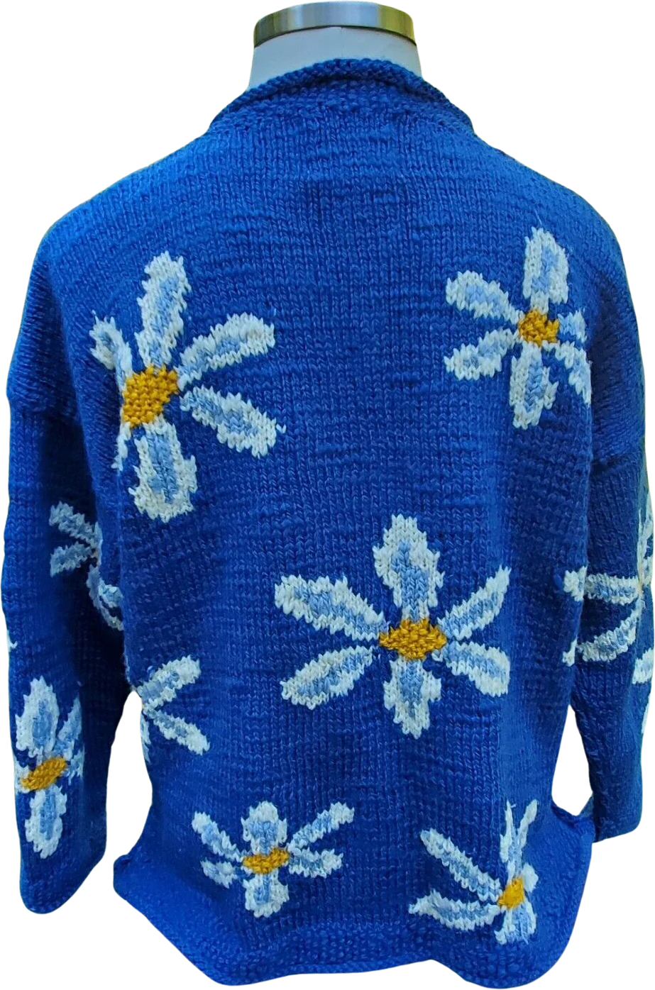 90s Amano Hand Knit Wool Blue Daisy Cardigan Sweater By Amano - Image 2