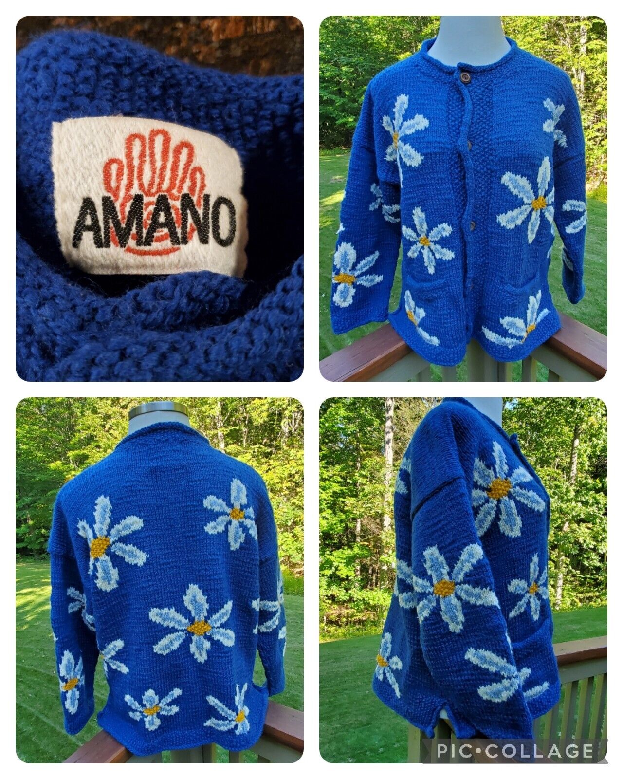 90s Amano Hand Knit Wool Blue Daisy Cardigan Sweater By Amano - Image 3
