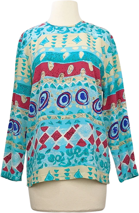 90s Aqua Blue Pink Abstract Print Blouse By Nora Noh