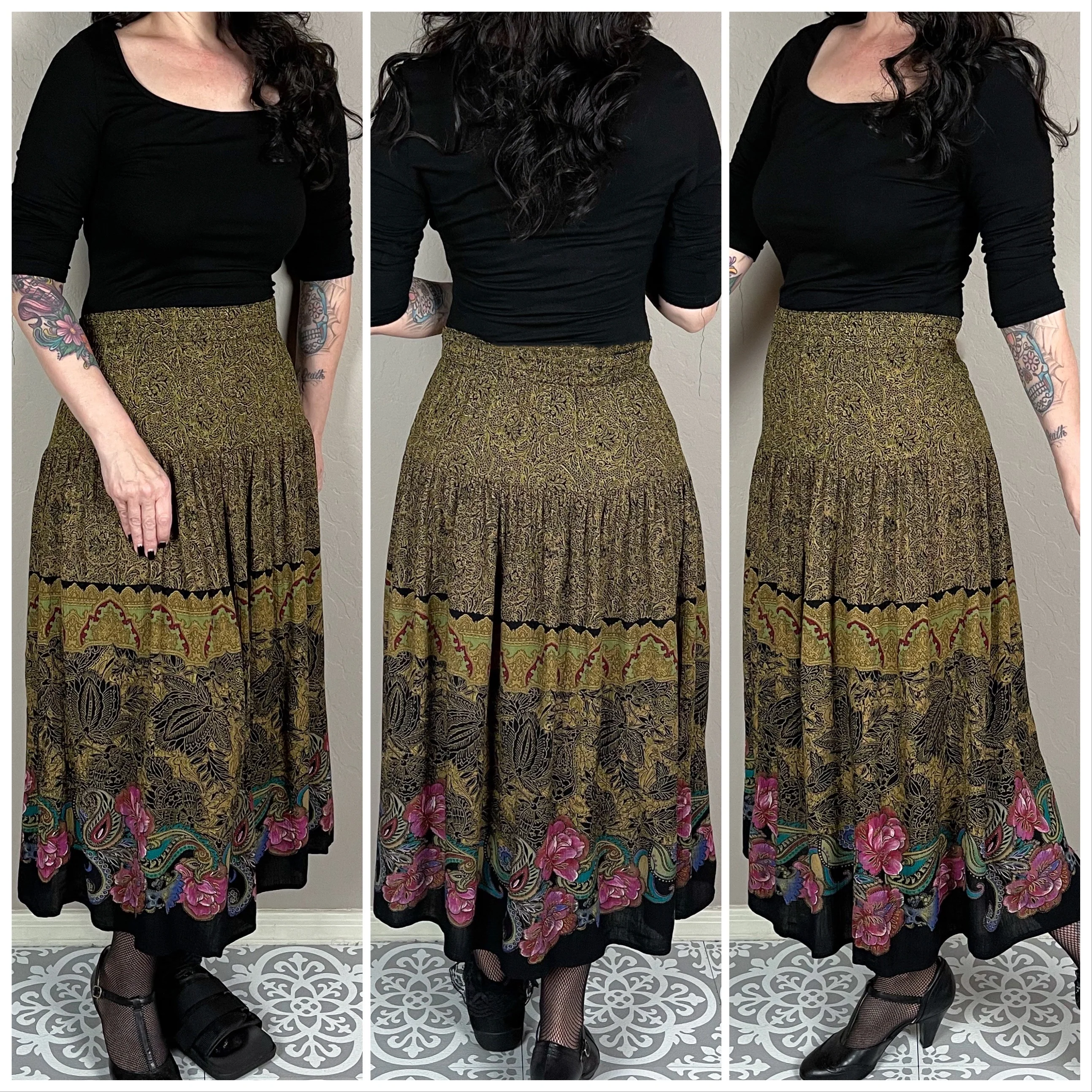 90s Arabesque And Floral High Waisted Midi Skirt By Carol Little - Image 2