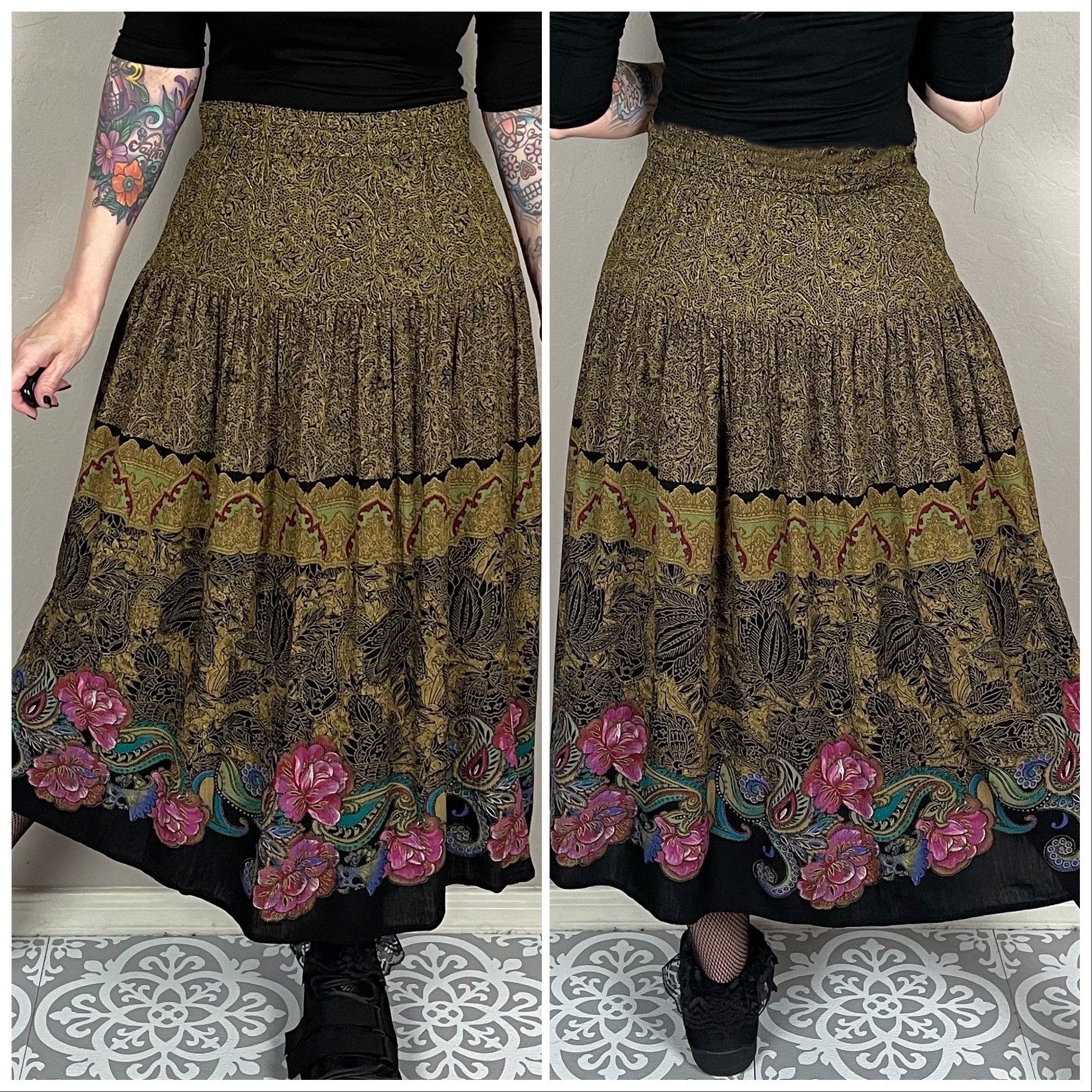 90s Arabesque And Floral High Waisted Midi Skirt By Carol Little - Image 3